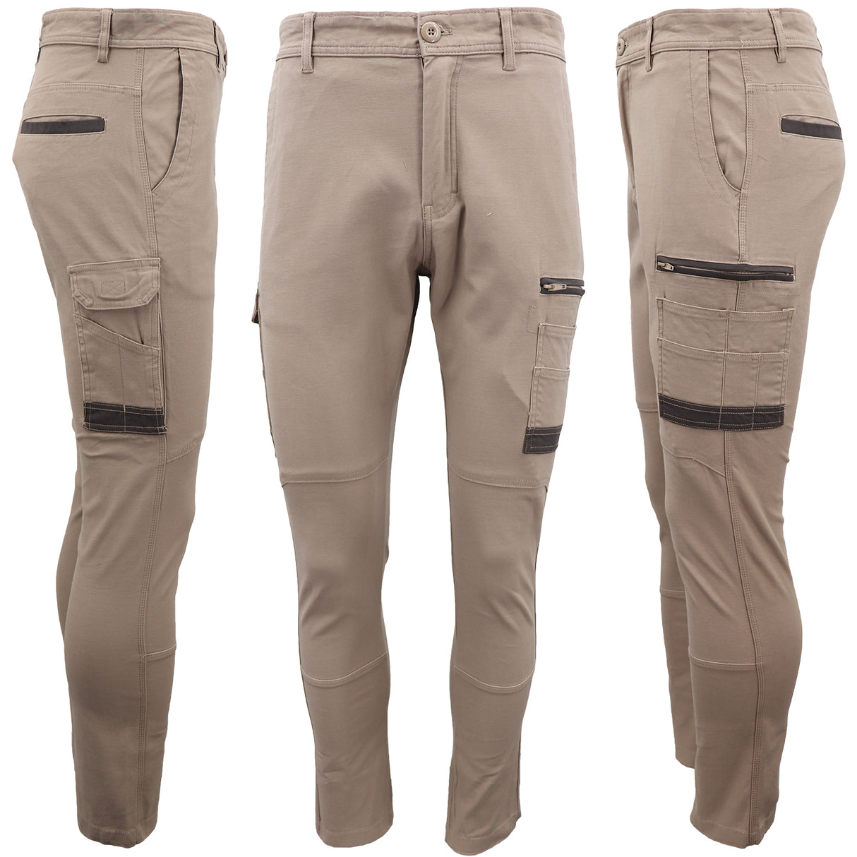 Men's Cotton Drill Cargo Work Pants UPF 50+ 13 Pockets Tradies Workwear Trousers, Khaki, 34