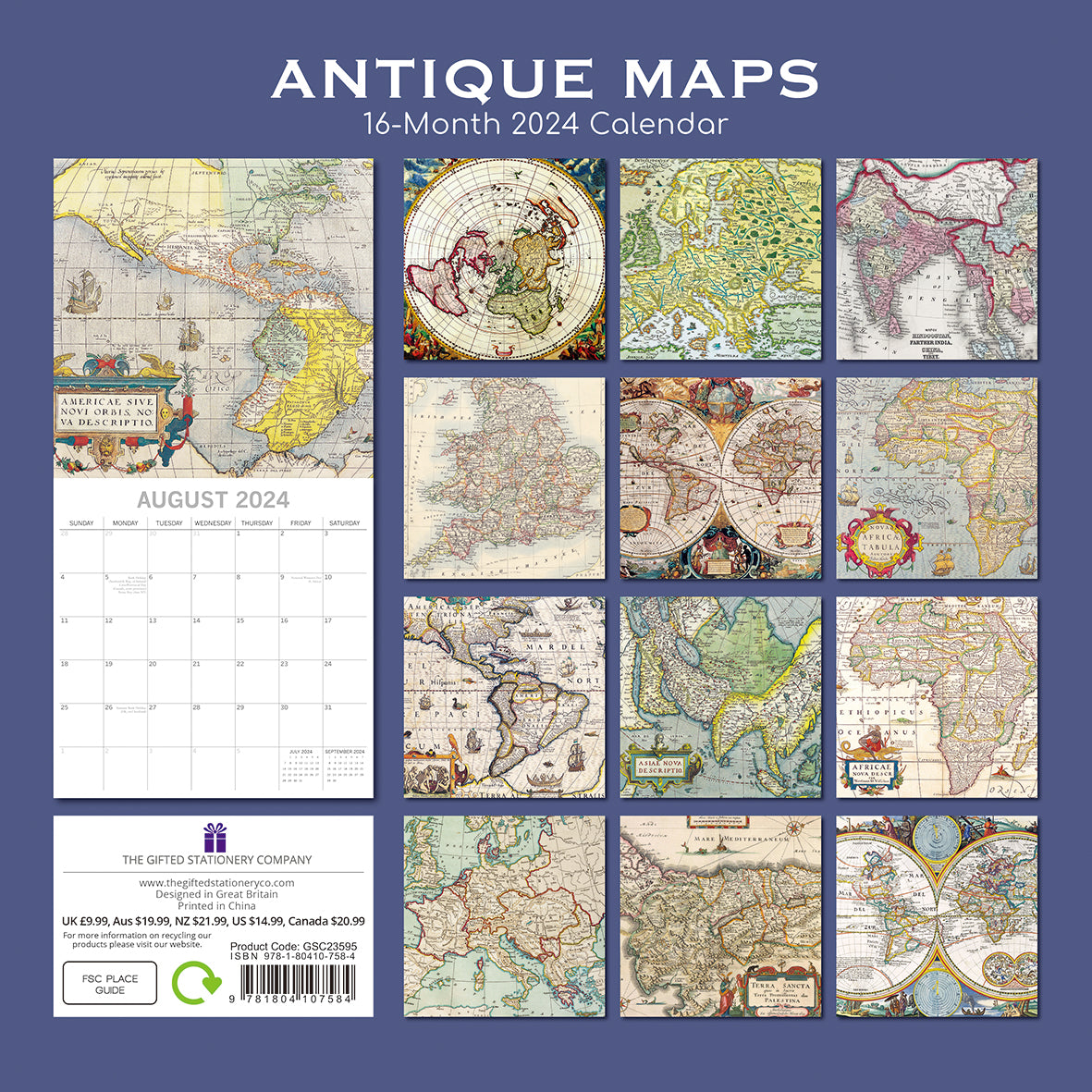 Antique Maps - 2024 Square Wall Calendar 16 Months Arts Planner Christmas Gift