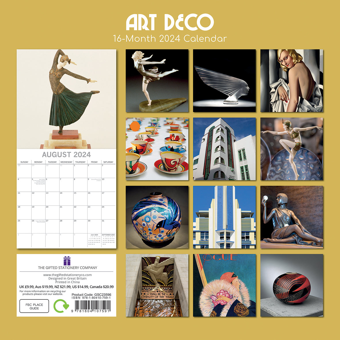 Art Deco 2024 Square Wall Calendar 16 Month Arts Planner Christmas New Year Gift