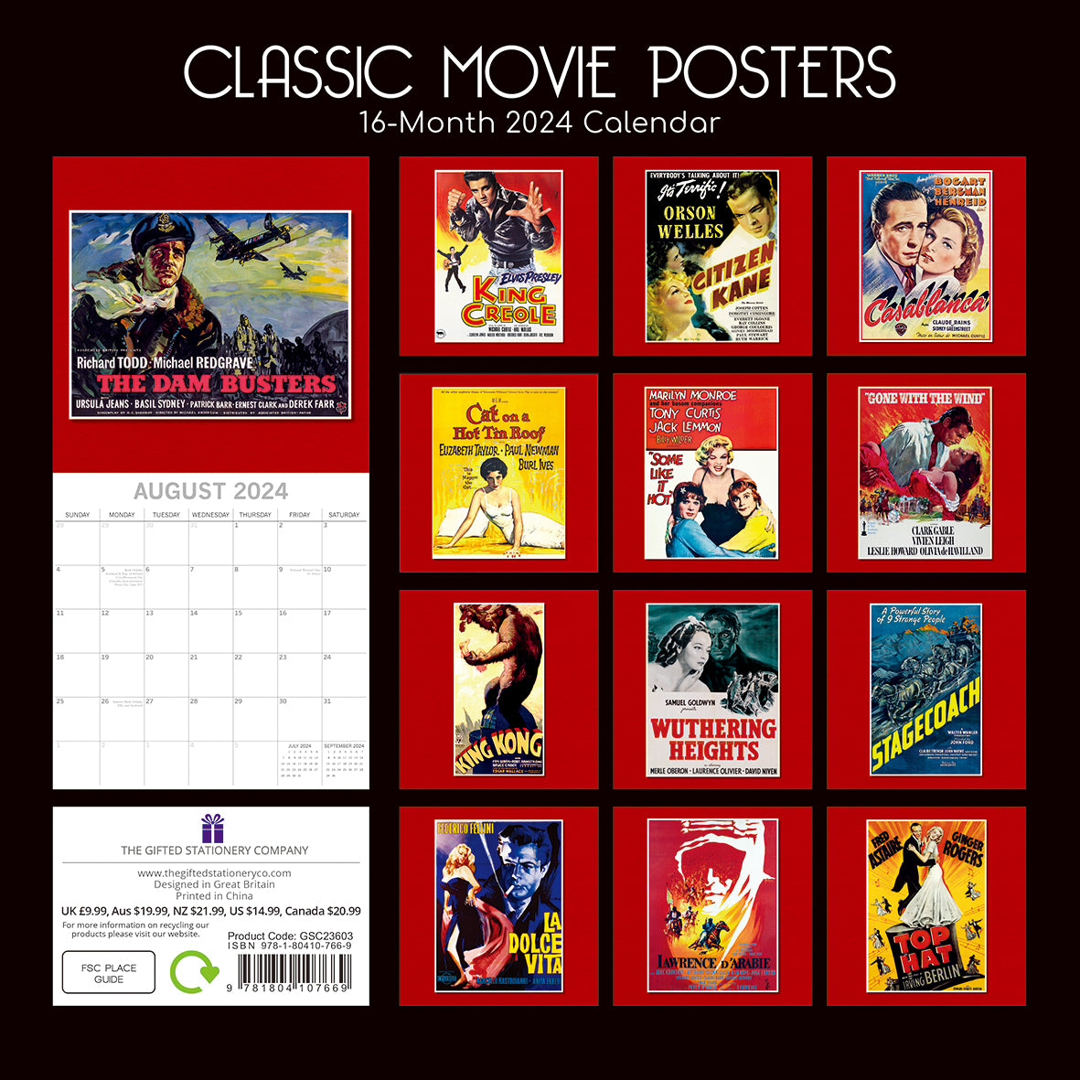 Classic Movie Posters - 2024 Square Wall Calendar 16 Months Arts Planner Gift