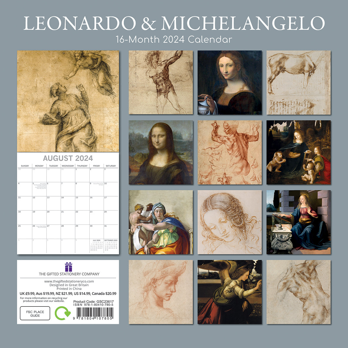 Leonardo & Michelangelo - 2024 Square Wall Calendar 16 Months Arts Planner Gift