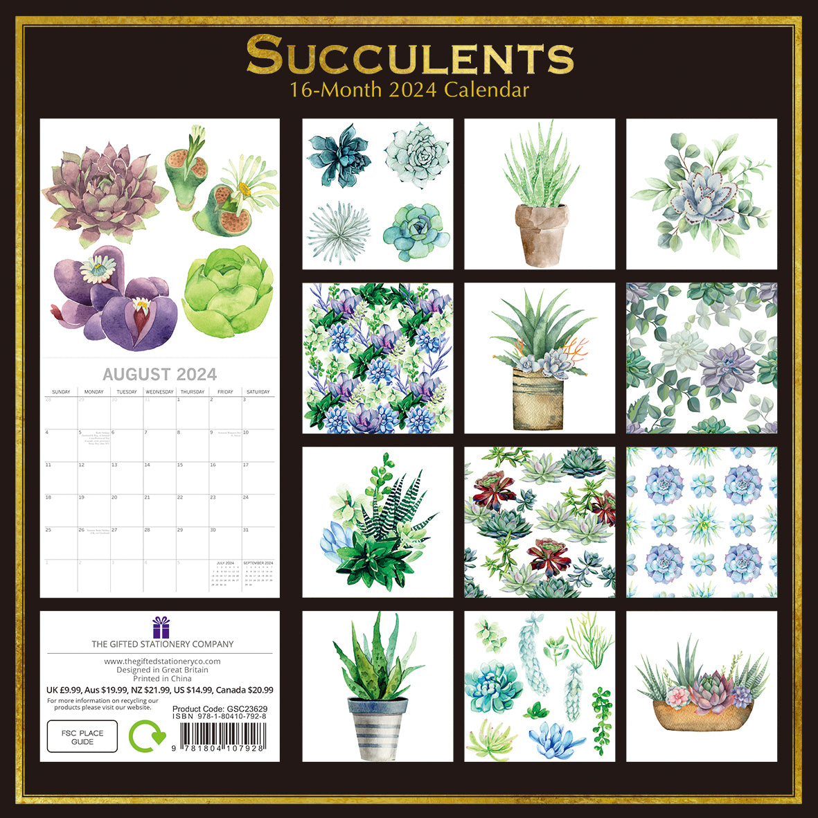 Succulents - 2024 Square Wall Calendar 16 Months Arts Planner Xmas New Year Gift