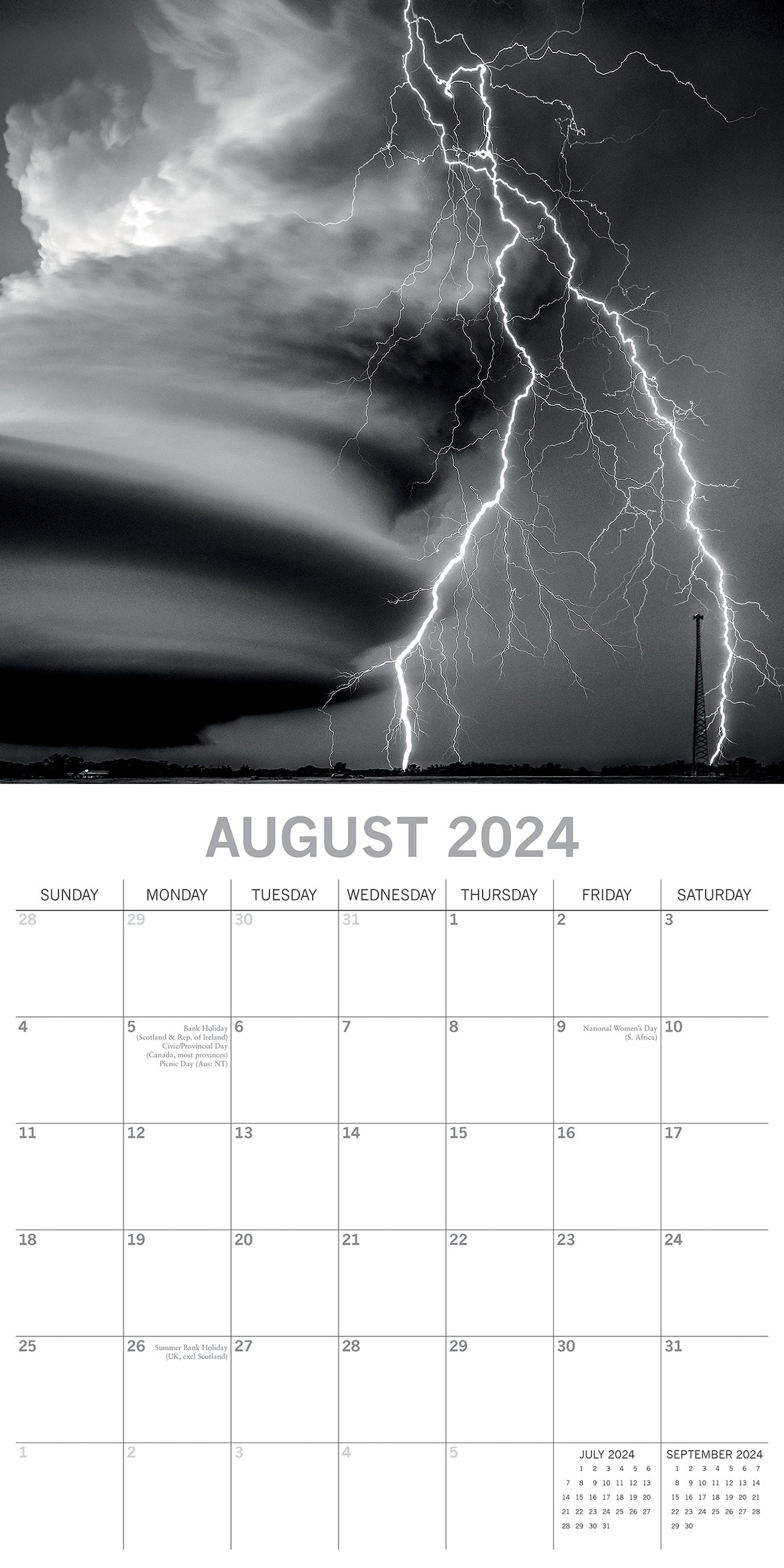 Forces of Nature - 2024 Square Wall Calendar 16 Month Black & White Planner Gift