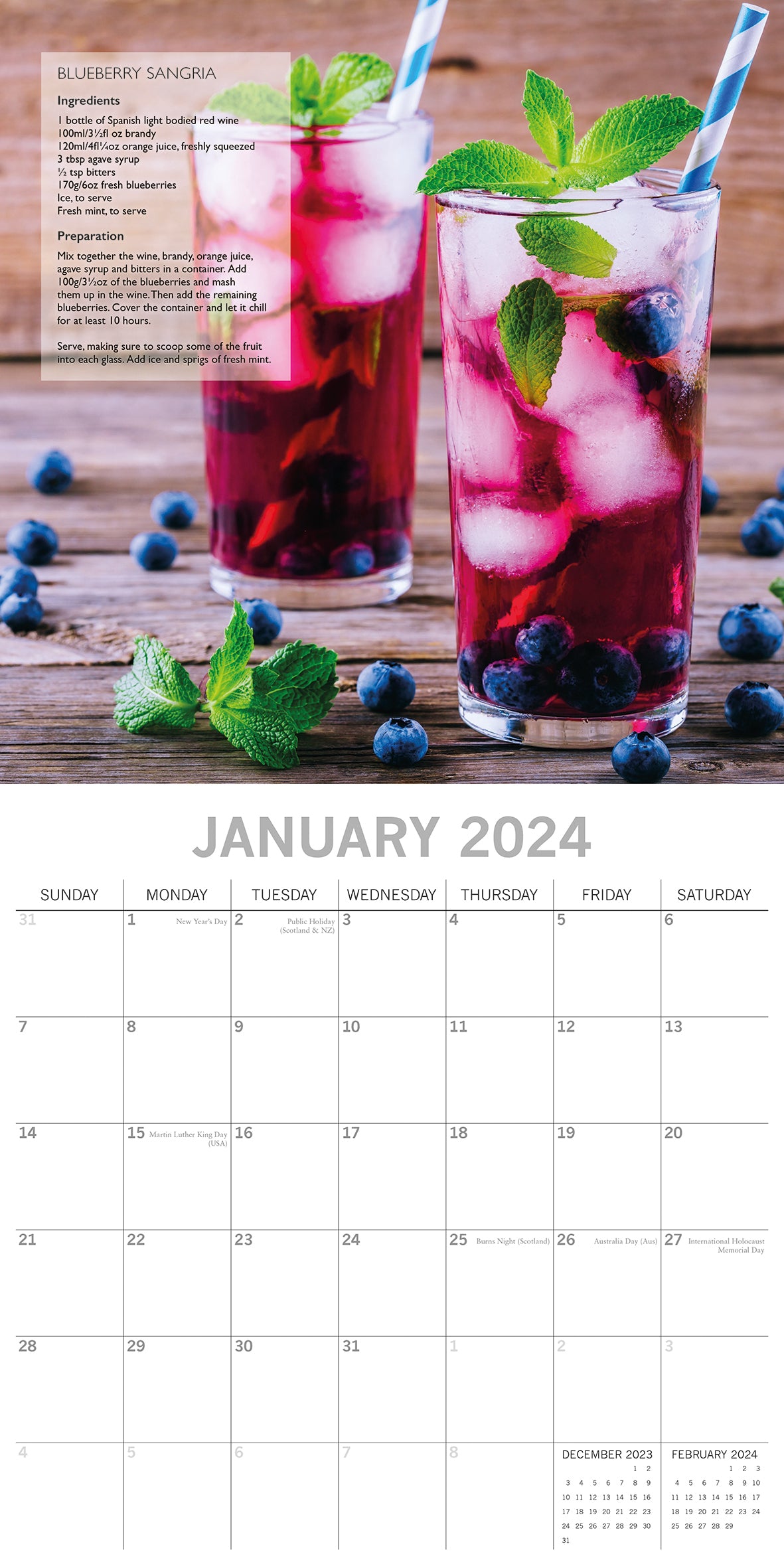Cocktails - 2024 Square Wall Calendar 16 Months Food Planner New Year w Recipes
