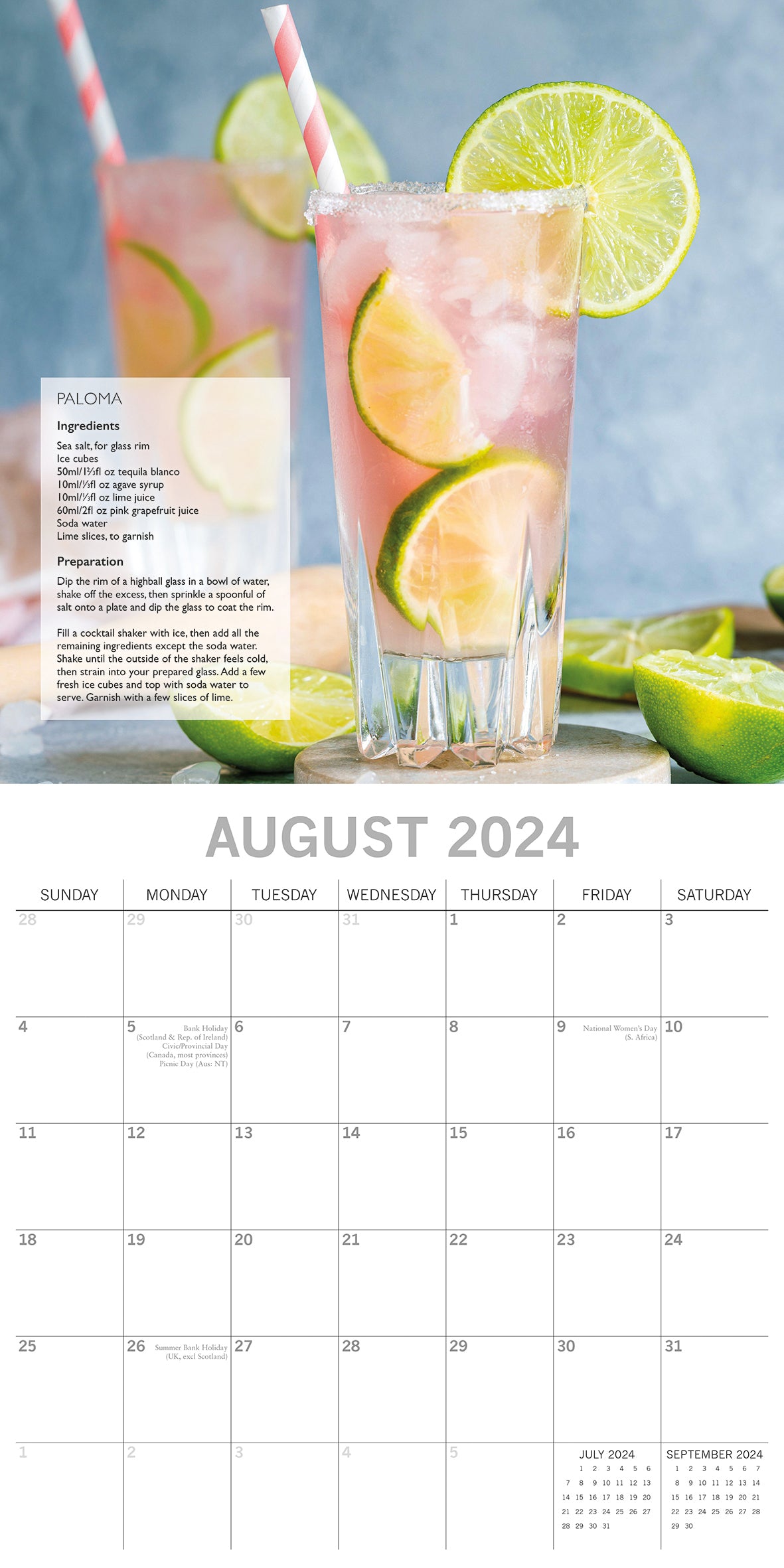 Cocktails - 2024 Square Wall Calendar 16 Months Food Planner New Year w Recipes