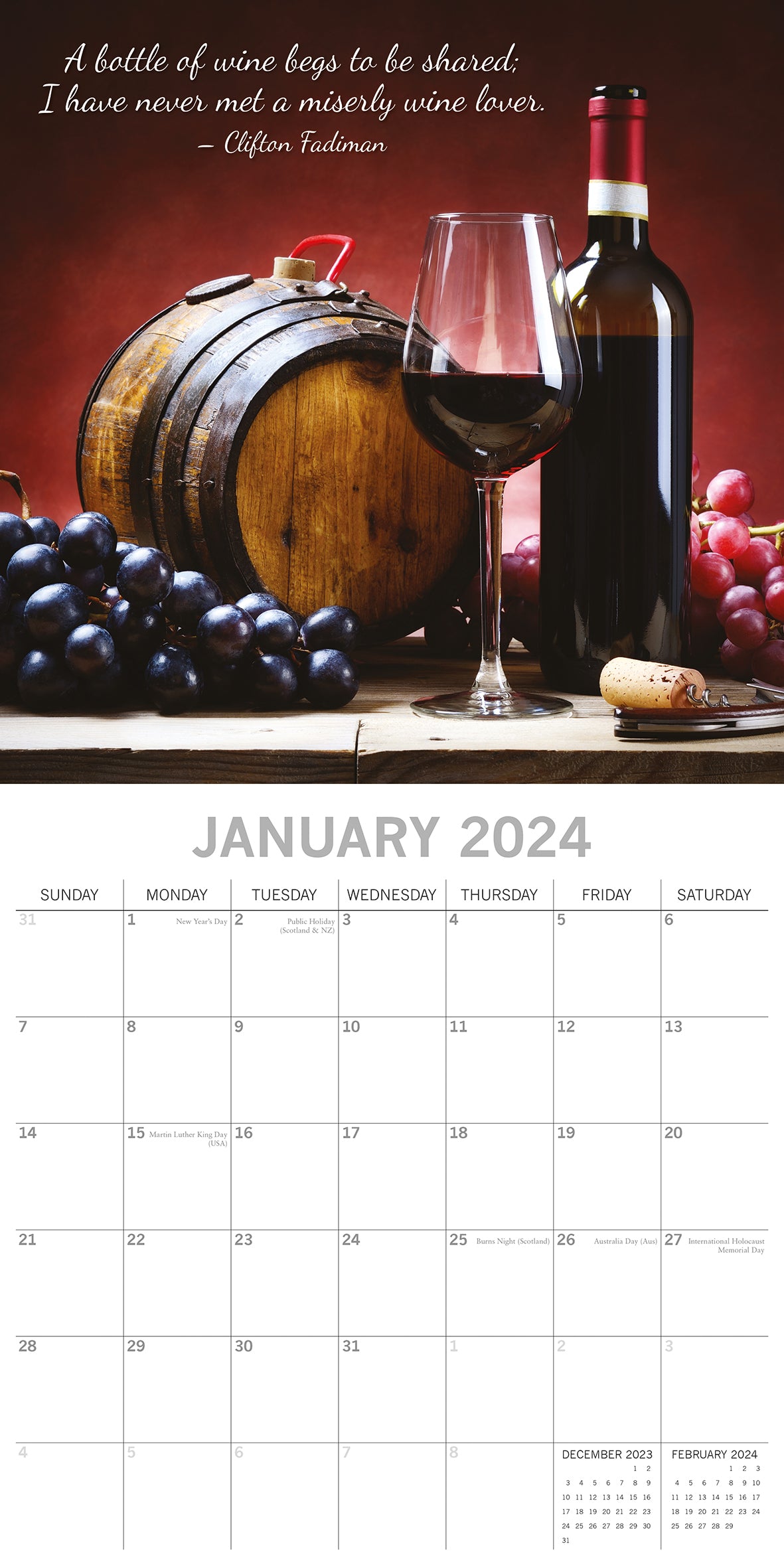 Wine - 2024 Square Wall Calendar 16 Months Food Drink Planner Christmas New Year