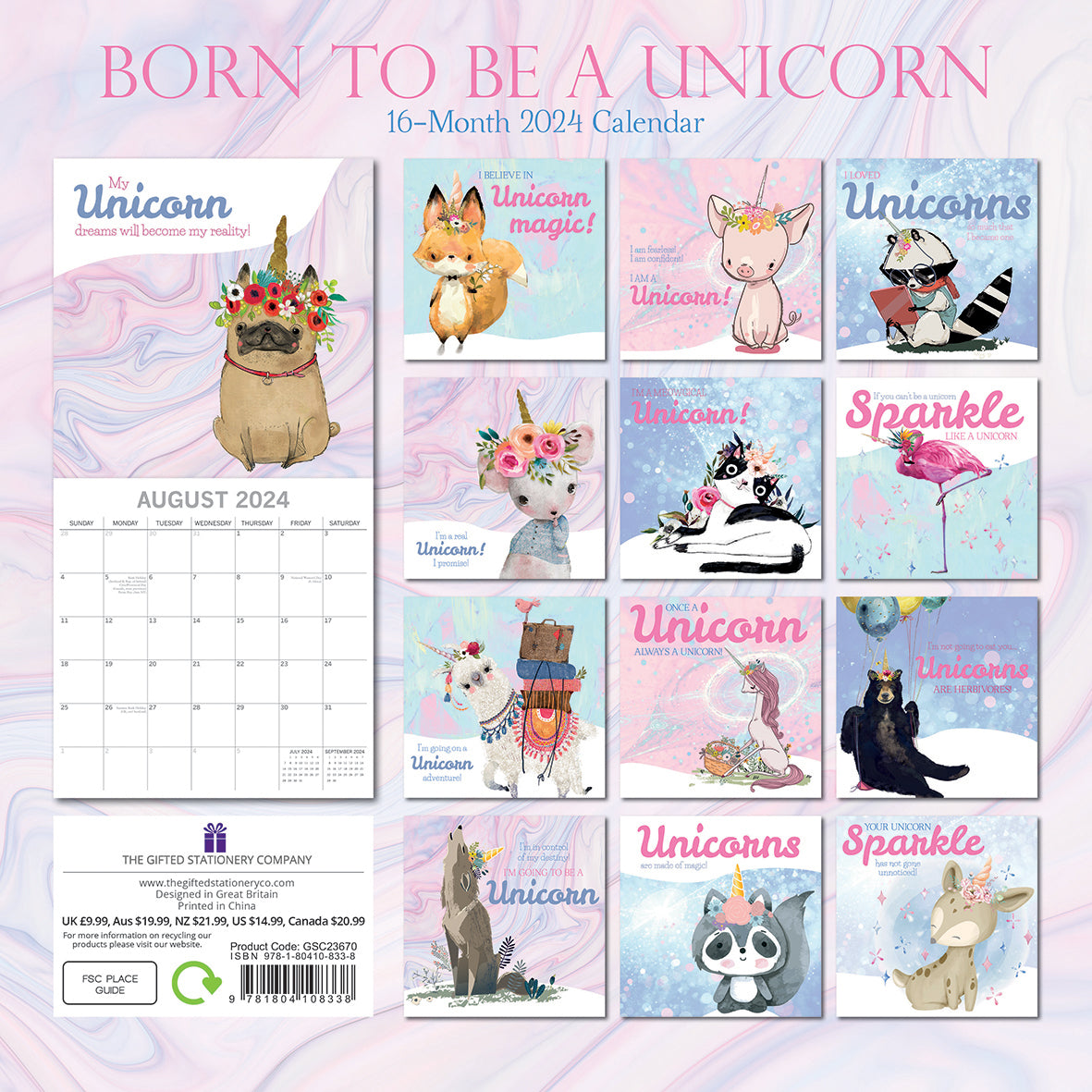 Born to be a Unicorn - 2024 Square Wall Calendar 16 Months Planner New Year Gift
