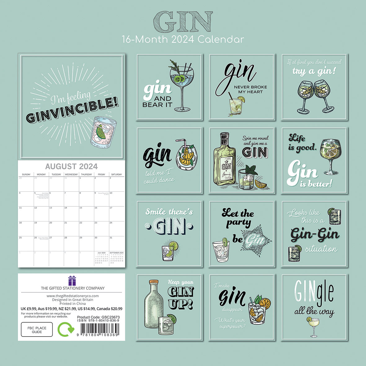 Gin - 2024 Square Wall Calendar 16 Months Funny Planner Christmas New Year Gift