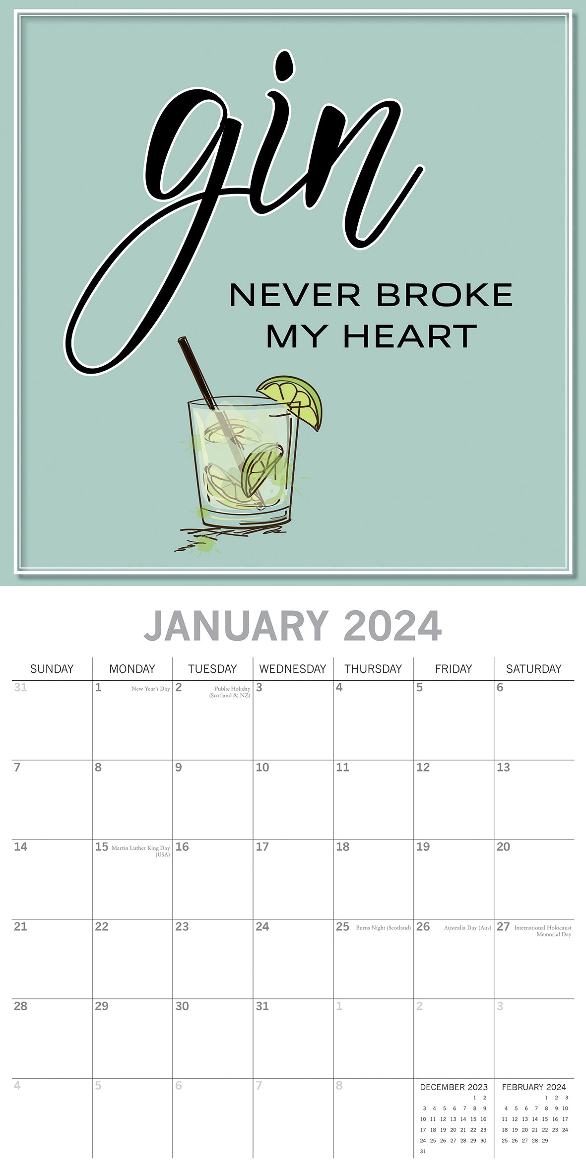 Gin - 2024 Square Wall Calendar 16 Months Funny Planner Christmas New Year Gift