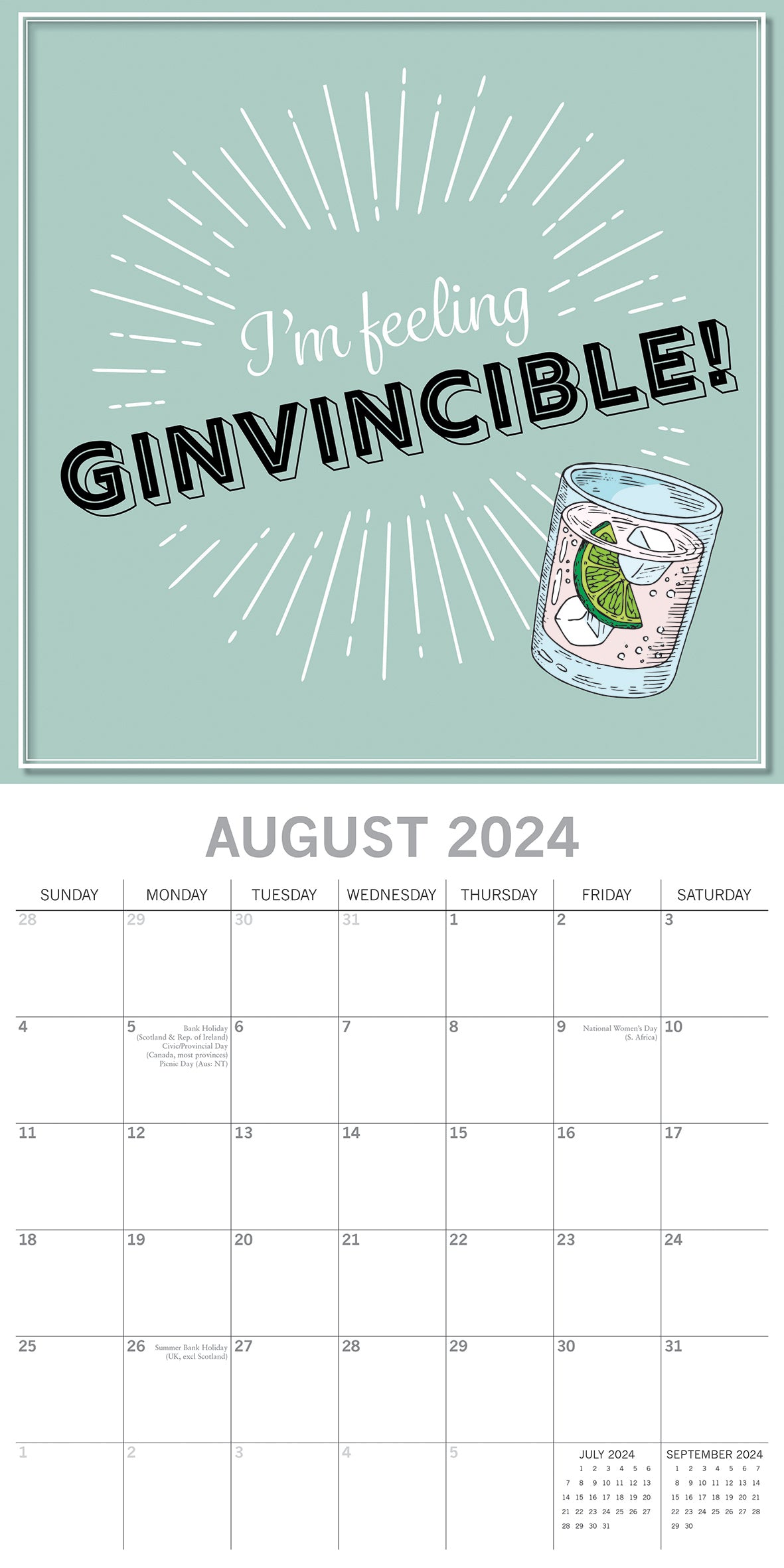 Gin - 2024 Square Wall Calendar 16 Months Funny Planner Christmas New Year Gift