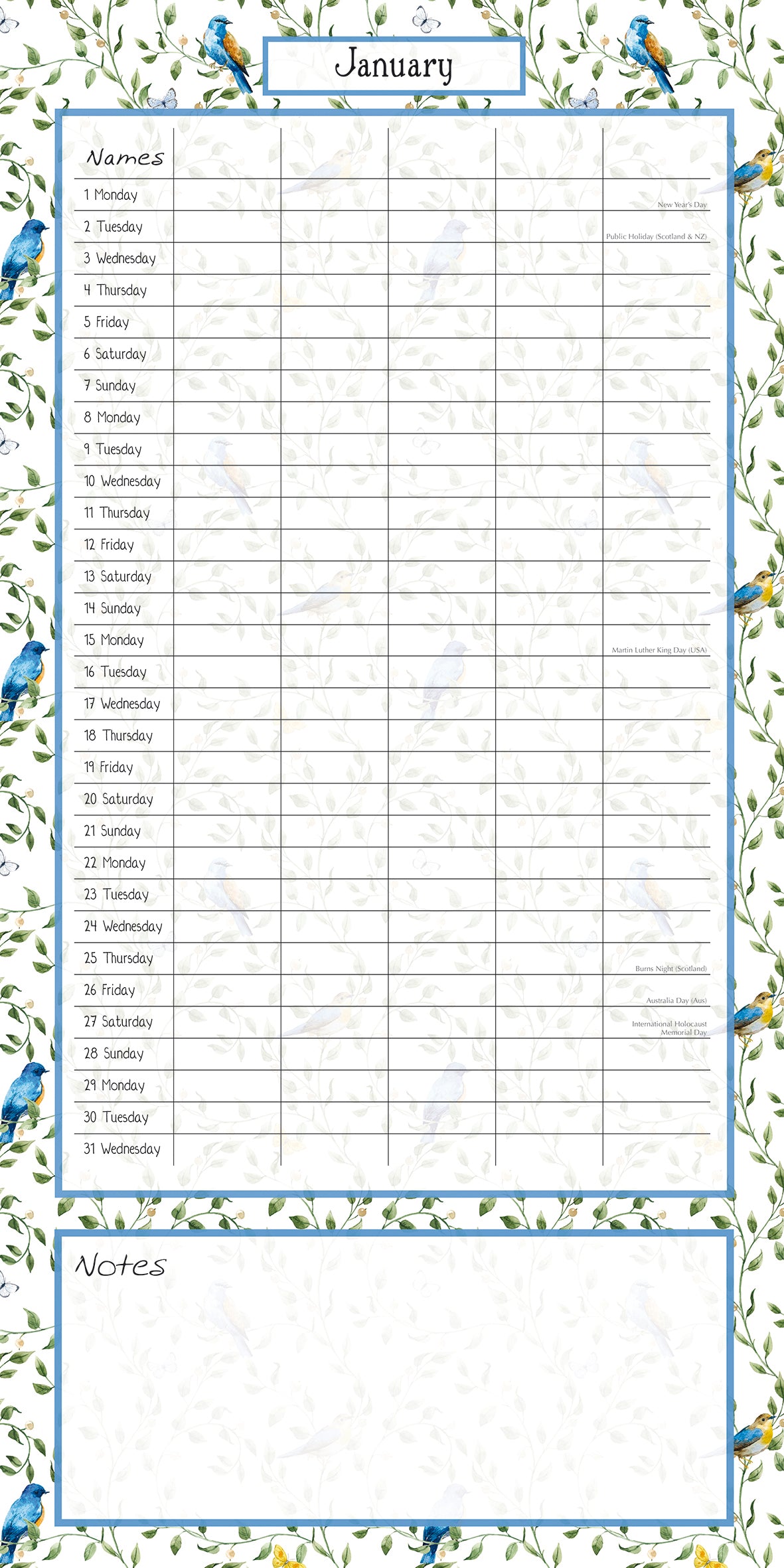 Birdsong Family Organiser - 2024 Square Wall Calendar 16 Months School Planner