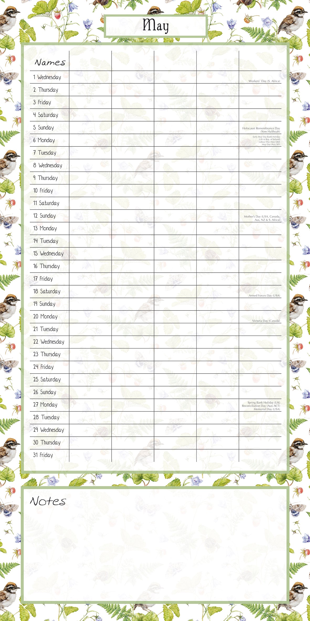 Birdsong Family Organiser - 2024 Square Wall Calendar 16 Months School Planner