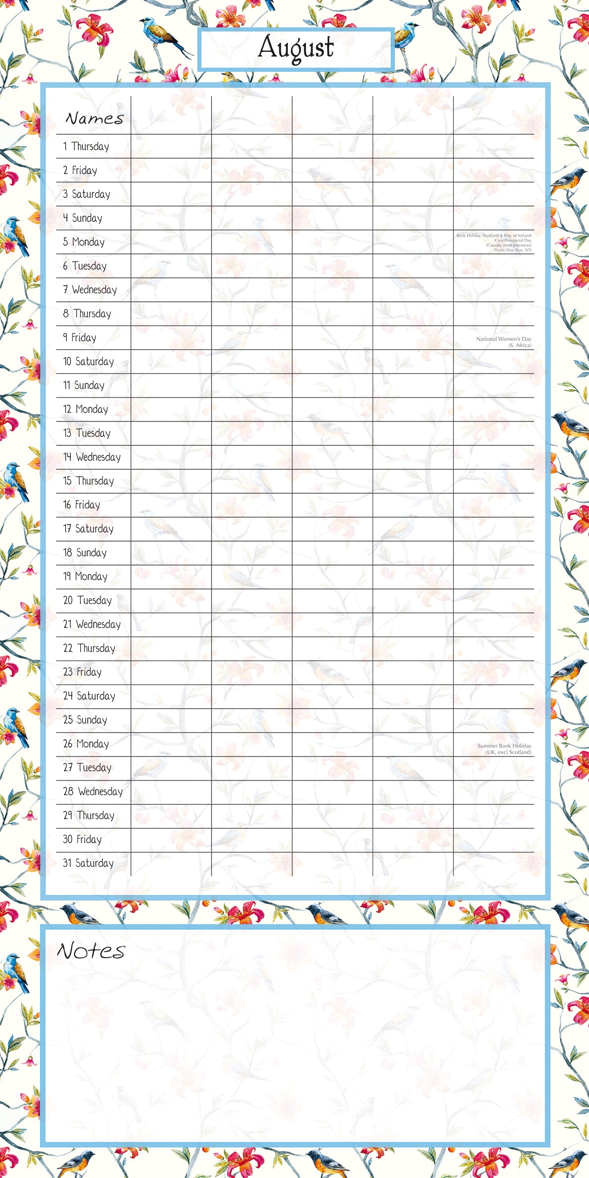 Birdsong Family Organiser - 2024 Square Wall Calendar 16 Months School Planner