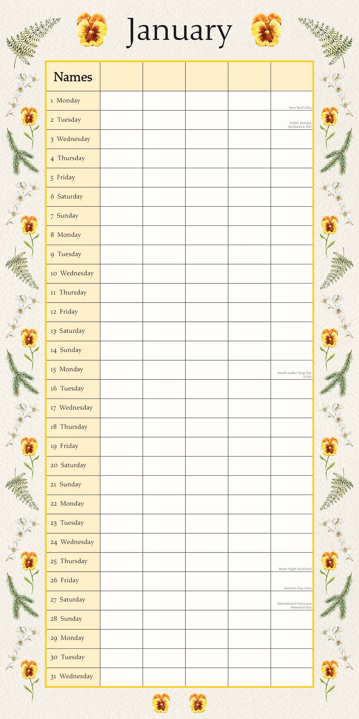 Floral Family Organiser 2024 Square Wall Calendar 16 Month School Flower Planner
