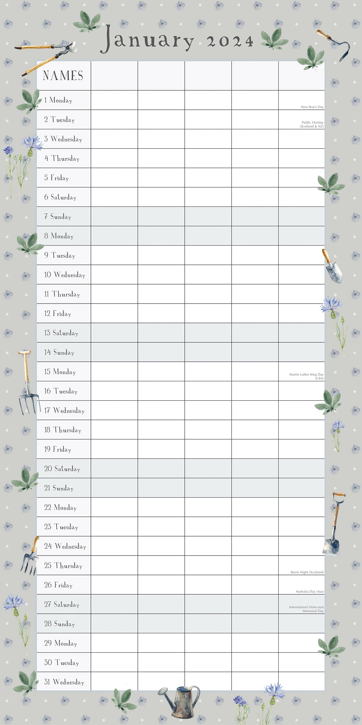 Garden Organiser - 2024 Square Wall Calendar 16 Months School Floral Planner