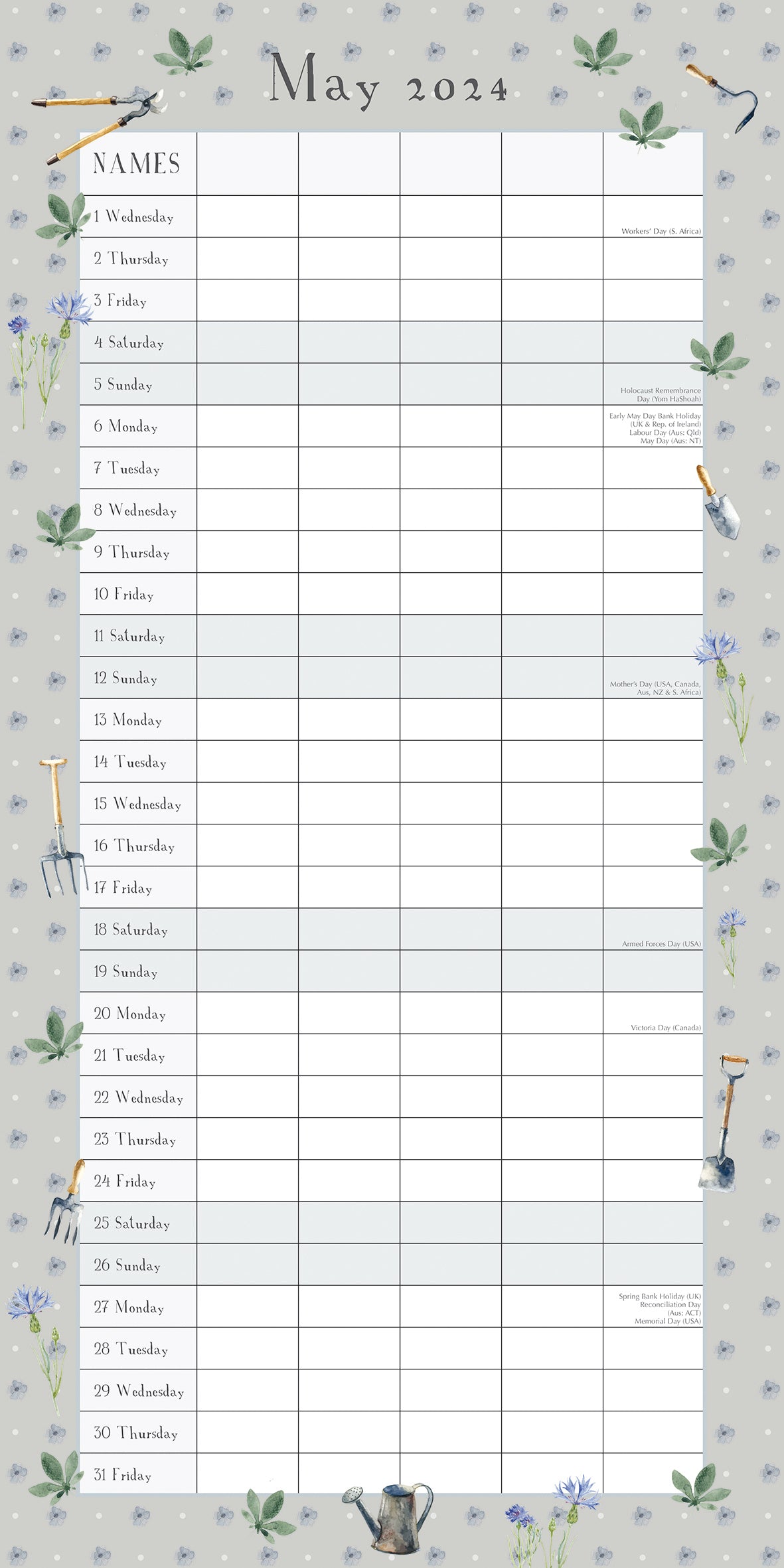 Garden Organiser - 2024 Square Wall Calendar 16 Months School Floral Planner