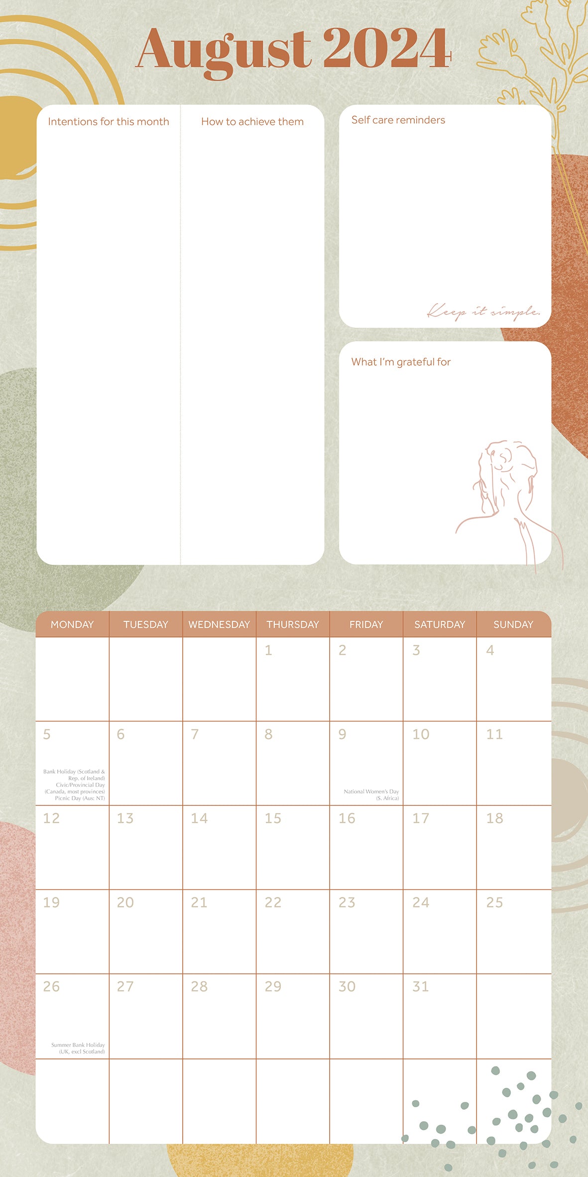 Wellness Planner - 2024 Square Wall Calendar 16 Months Health Mindset Planner