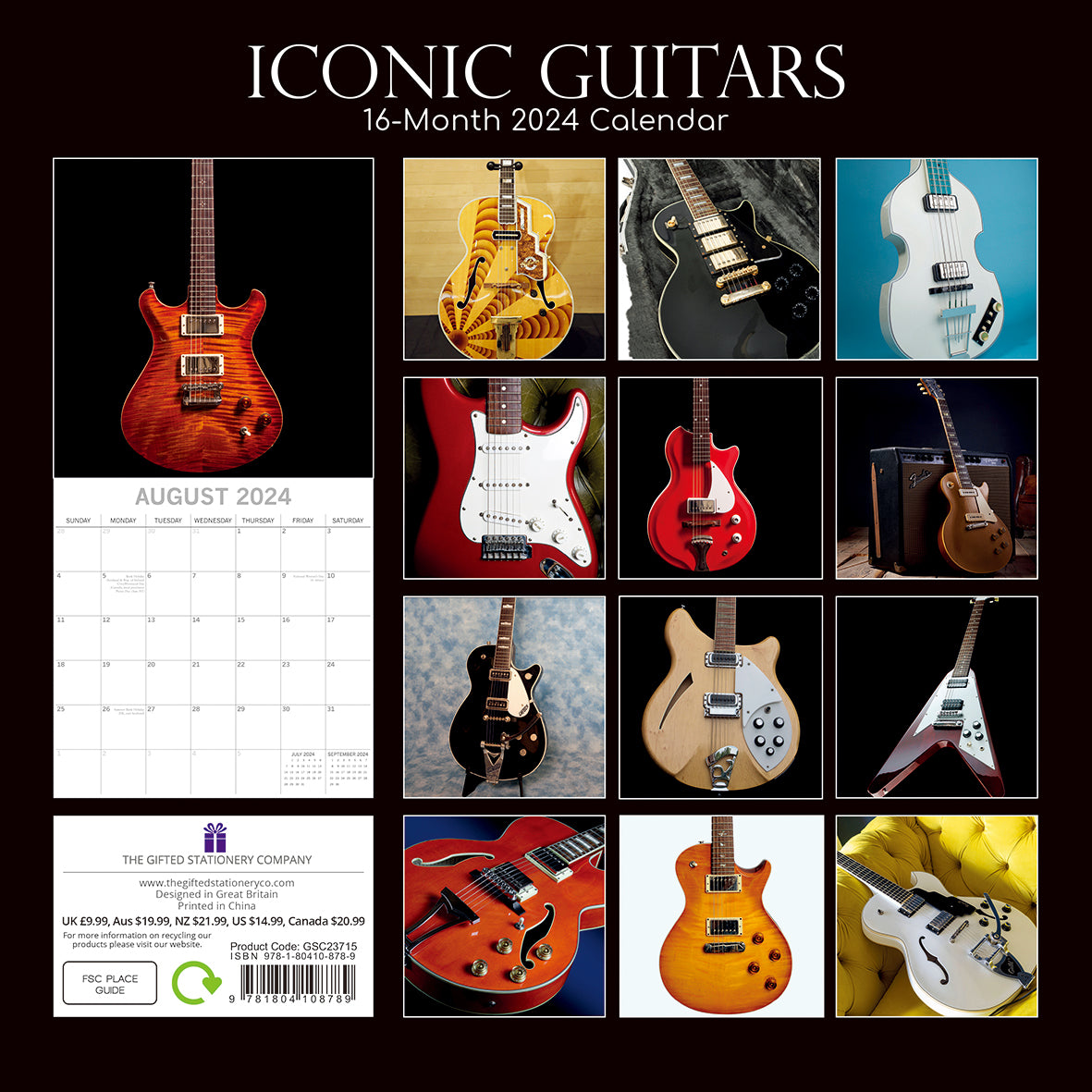 Iconic Guitars - 2024 Square Wall Calendar 16 Months Lifestyle Planner New Year