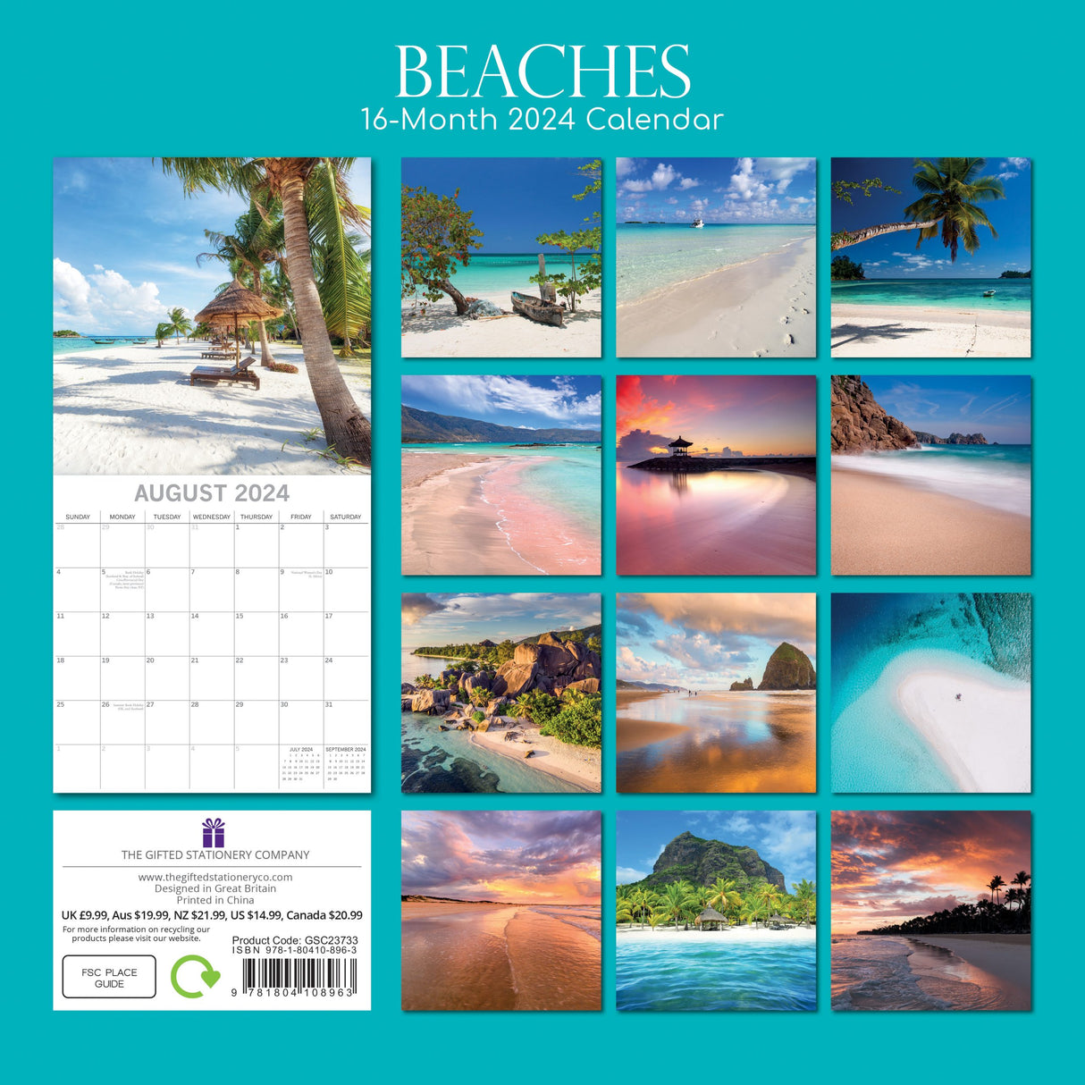 Beaches - 2024 Square Wall Calendar 16 Months Premium Planner Xmas New Year Gift