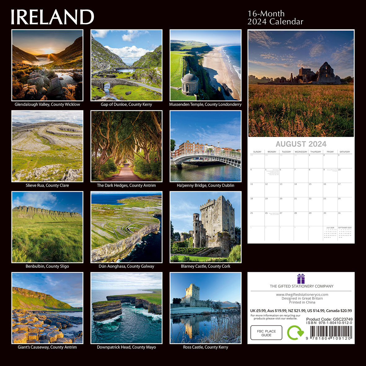 Ireland - 2024 Square Wall Calendar 16 Months Premium Planner Xmas New Year Gift