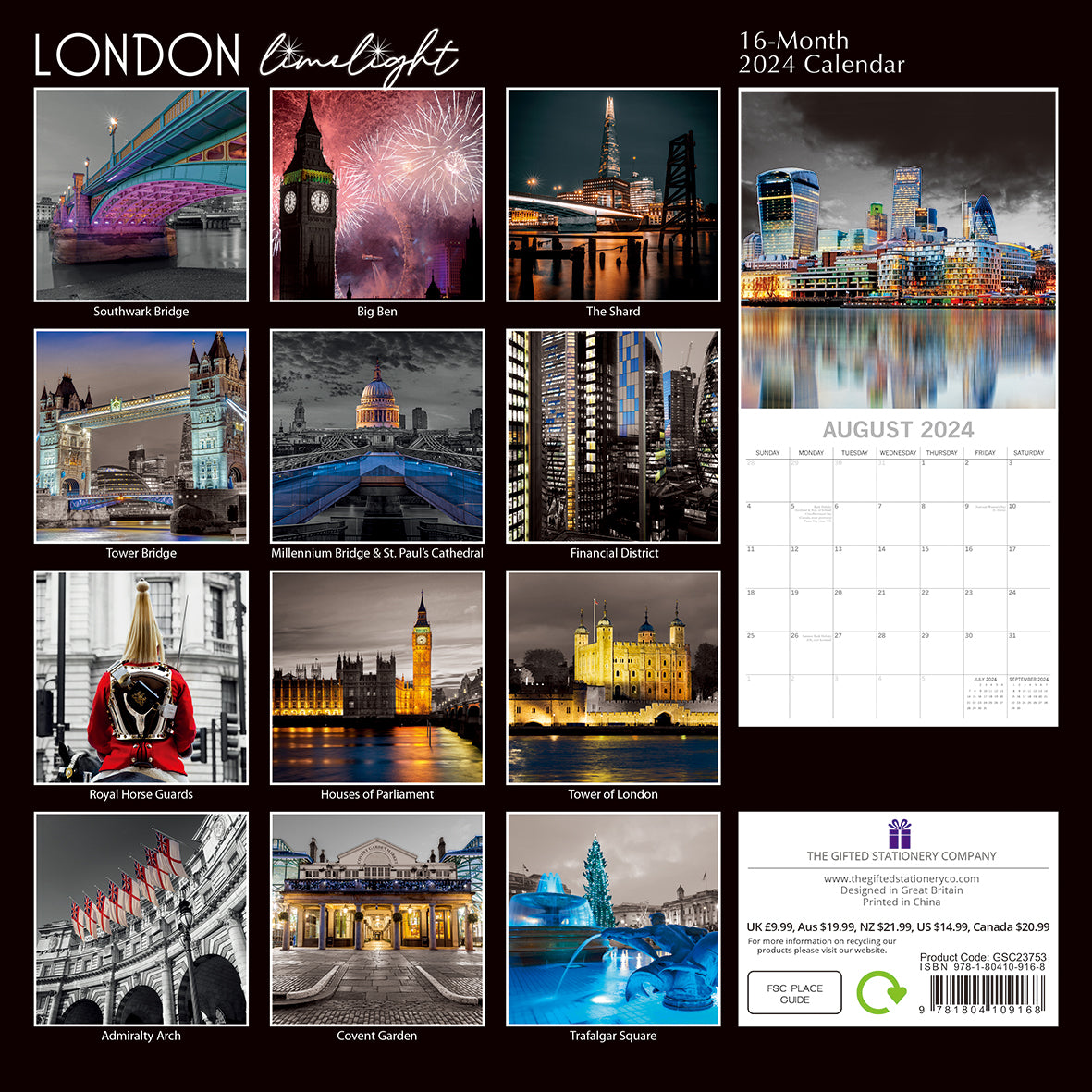 London Limelight - 2024 Square Wall Calendar 16 Months Planner New Year Gift