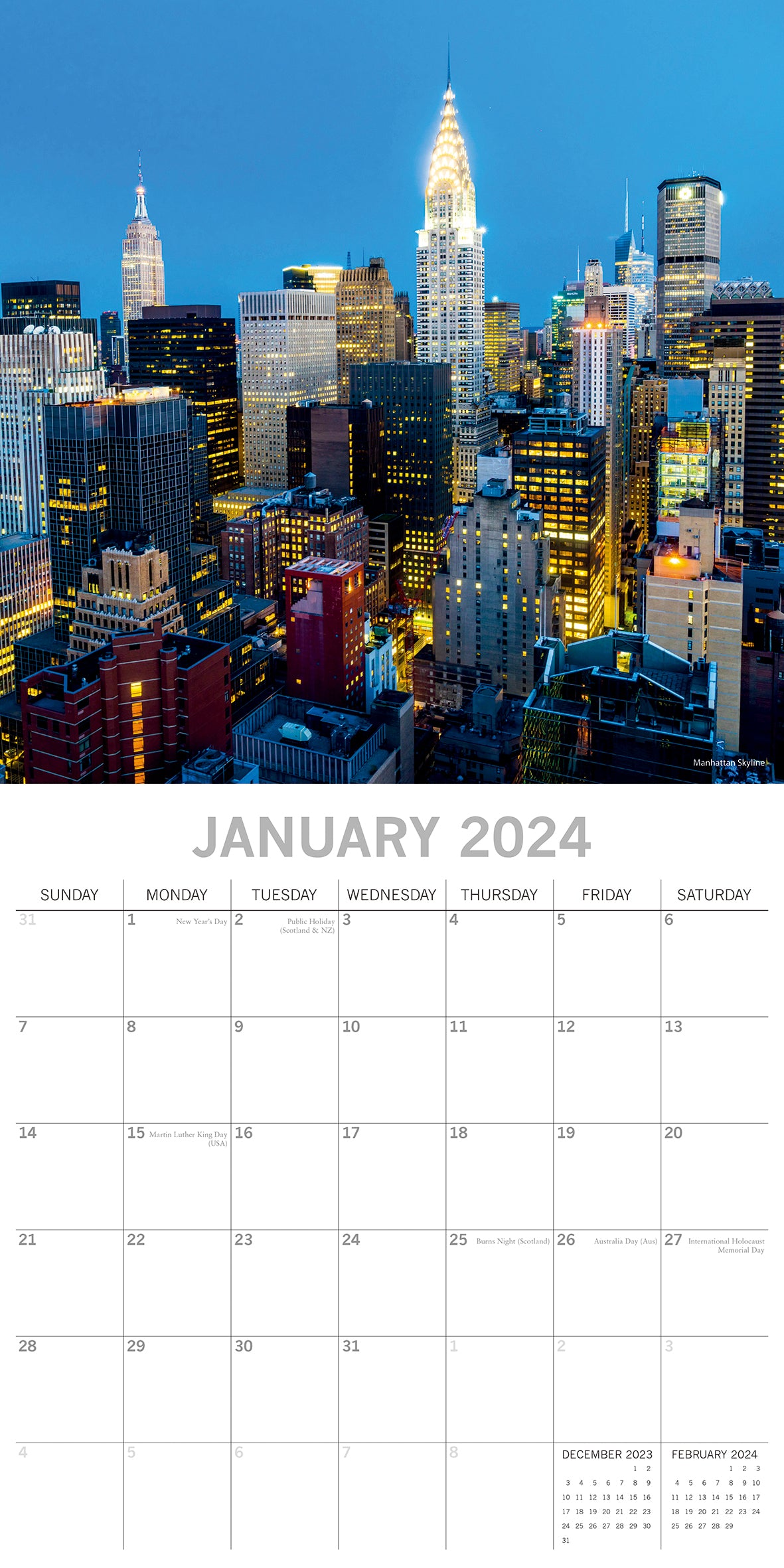 New York - 2024 Square Wall Calendar 16 Month Premium Planner Xmas New Year Gift