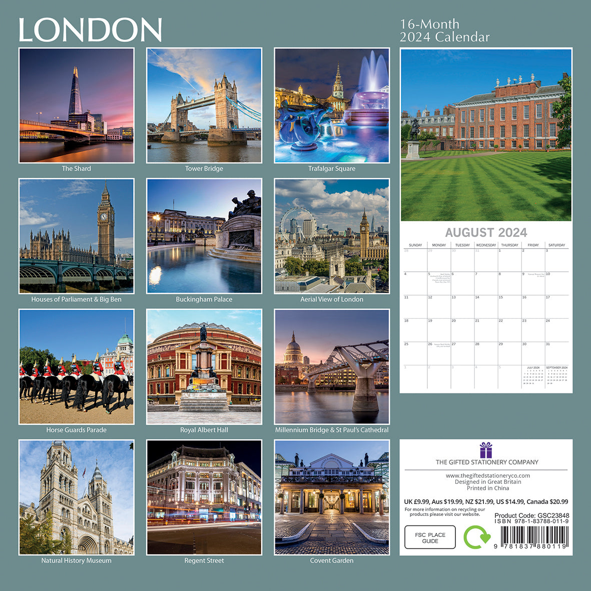London - 2024 Square Wall Calendar 16 Months Premium Planner Xmas New Year Gift