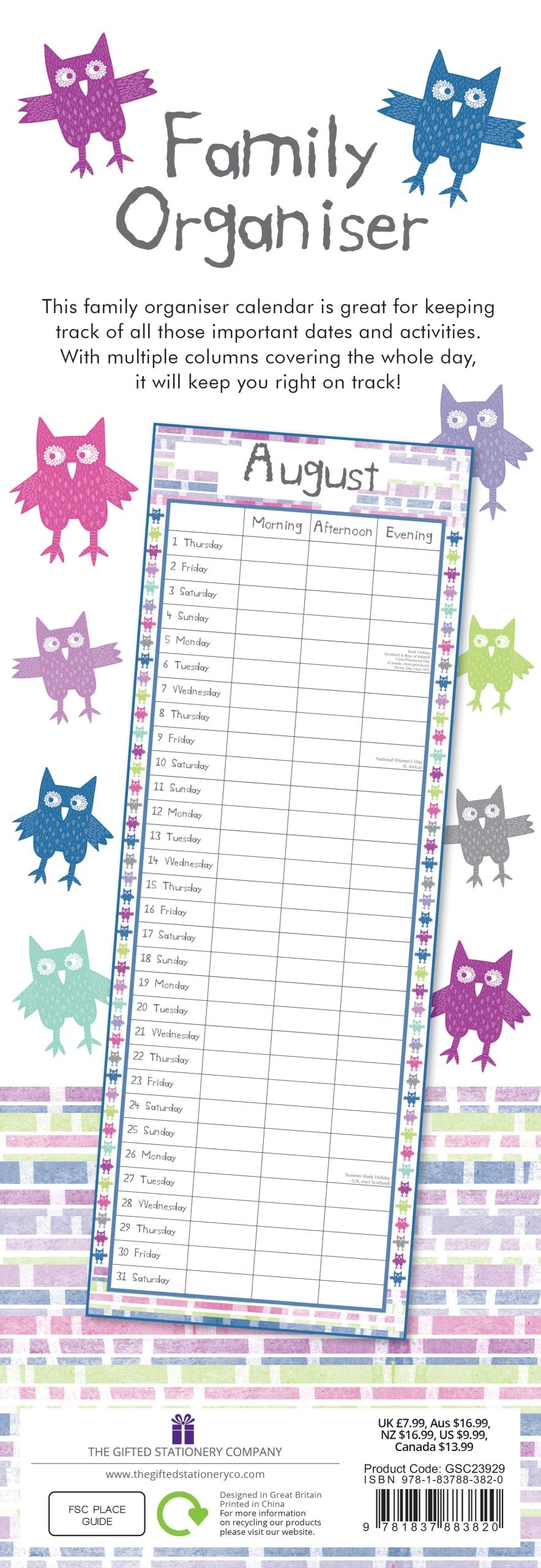 Owls - 2024 Slimline Slim Wall Calendar Hanging Planner New Year Gift