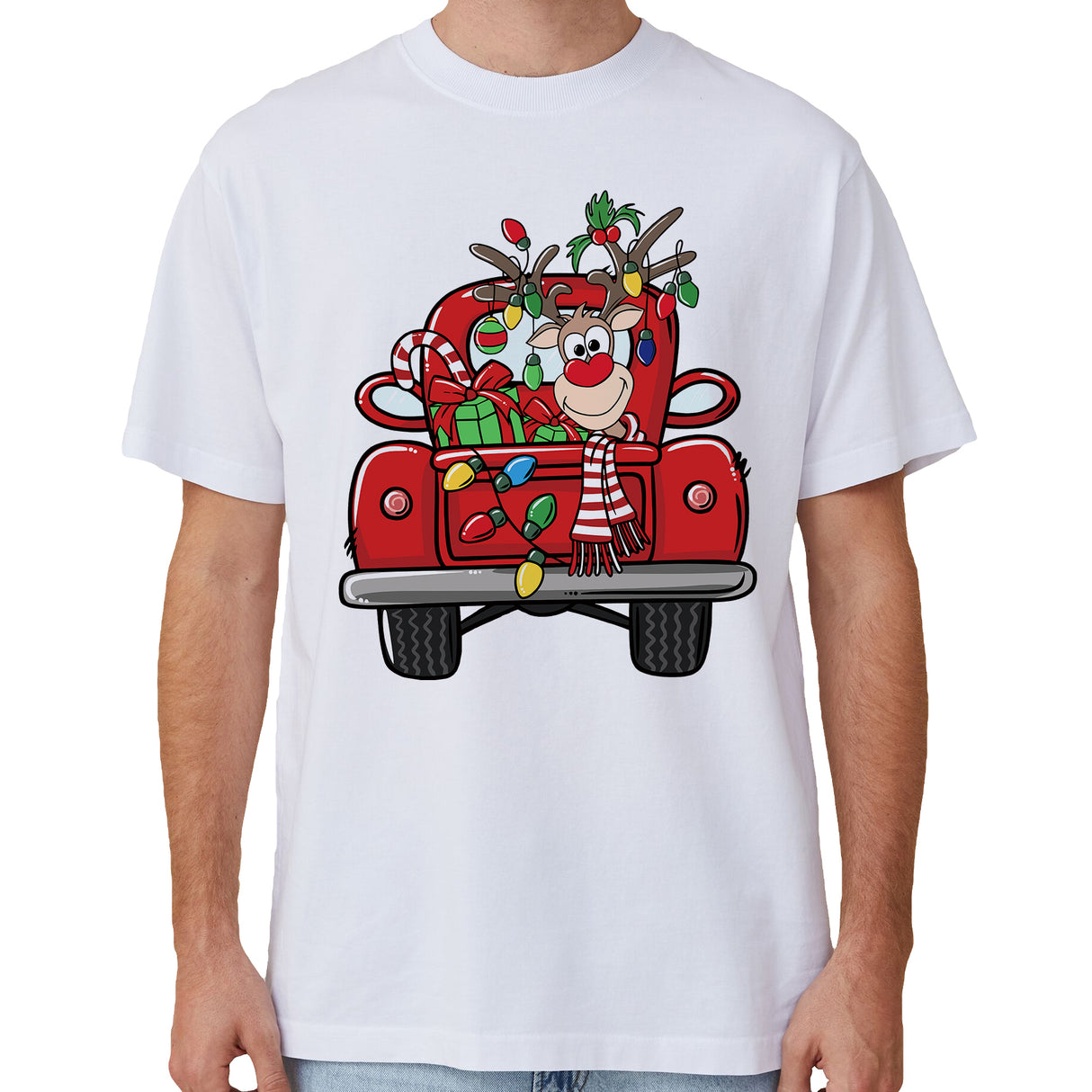 100% Cotton Christmas T-shirt Adult Unisex Tee Tops Funny Santa Party Custume, Car with Reindeer (White), 3XL