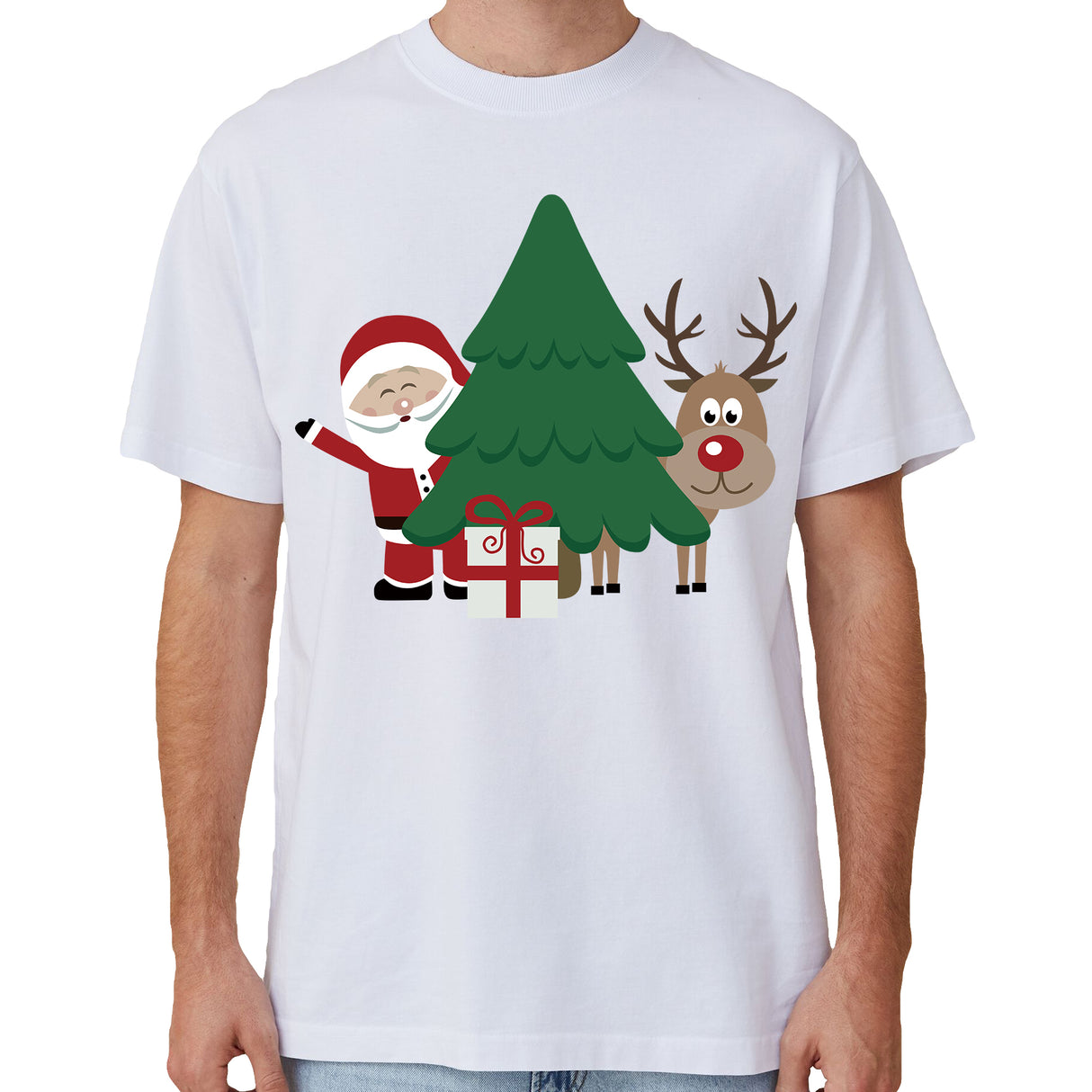100% Cotton Christmas T-shirt Adult Unisex Tee Tops Funny Santa Party Custume, Santa with Tree (White), S