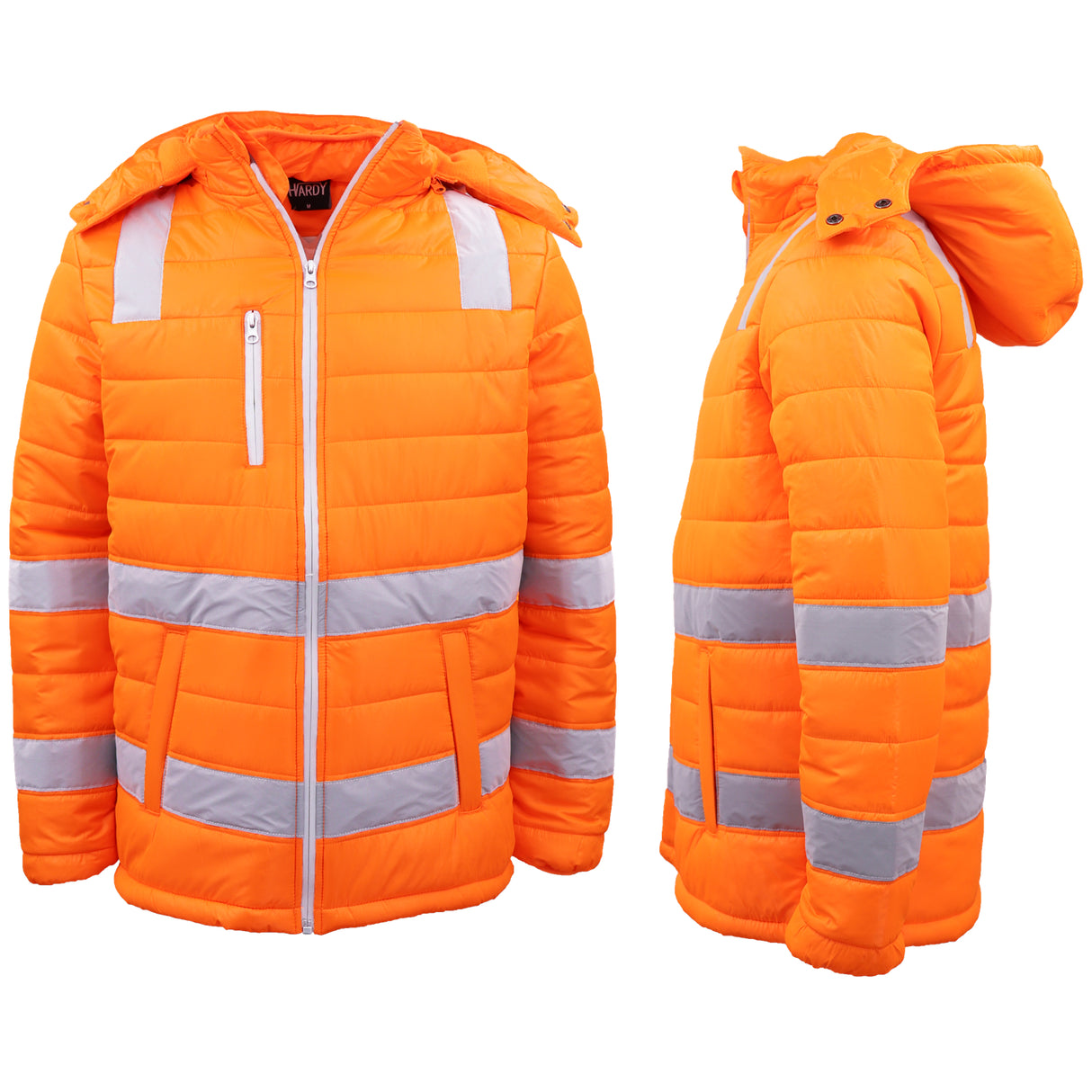 HI VIS Puffer Safety Jacket Reflective Tape Removable Hood Zip Pocket Puffy Coat, Fluro Orange, 5XL
