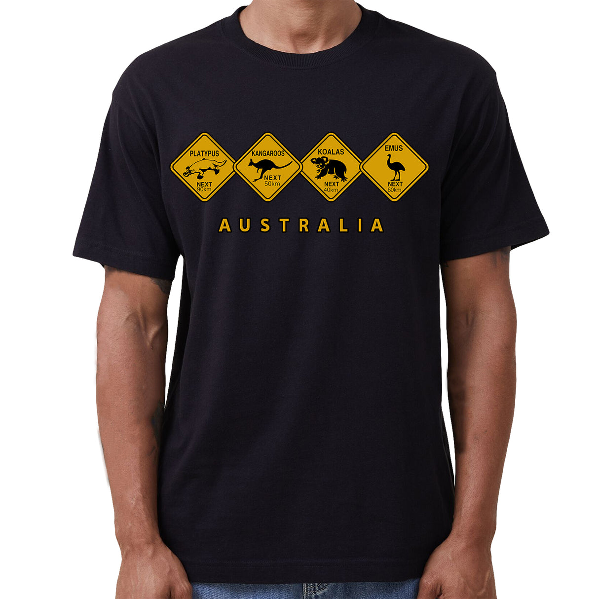 Adult Unisex 100% Cotton T Shirt Australia Wildlife Road Sign Souvenir Tee Tops, Black, XL
