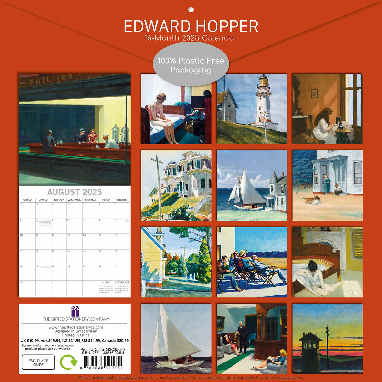 Edward Hopper - 2025 Square Wall Calendar Arts 16 Months Premium Planner Gift