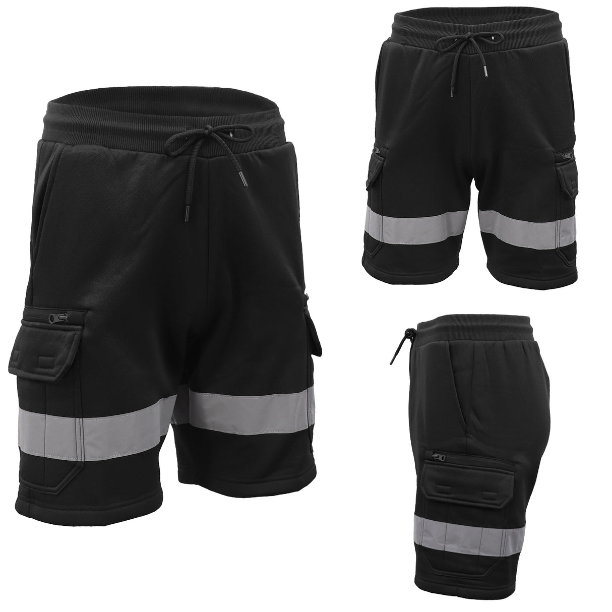 Hi Vis Fleece Work Cargo Shorts w Reflective Tape Workwear Tradie Utility Pants, Black, M