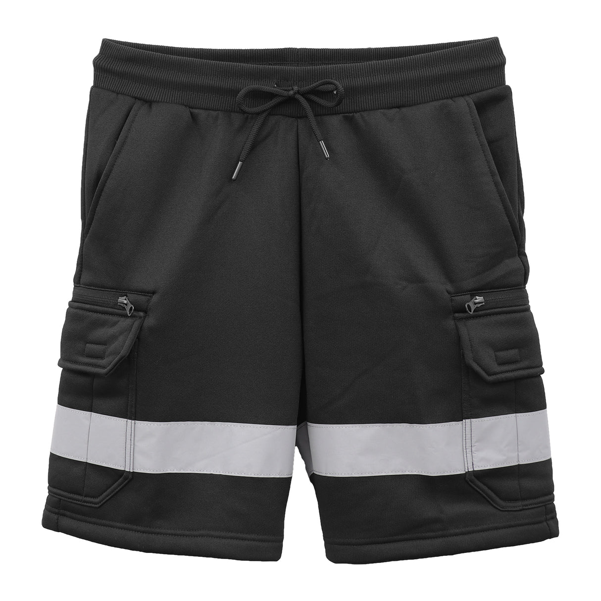Hi Vis Fleece Work Cargo Shorts w Reflective Tape Workwear Tradie Utility Pants, Black, M