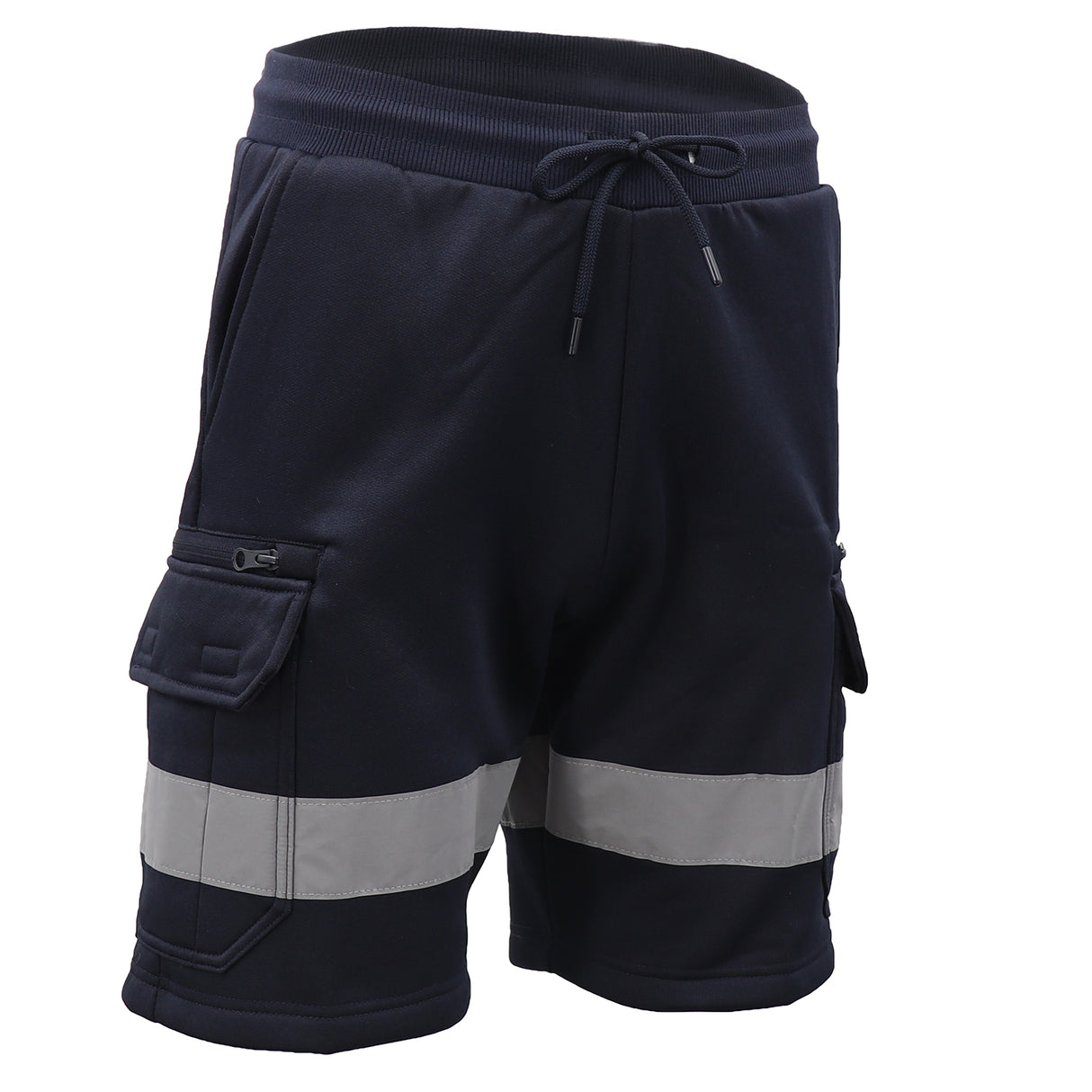 Hi Vis Fleece Work Cargo Shorts w Reflective Tape Workwear Tradie Utility Pants, Navy, L