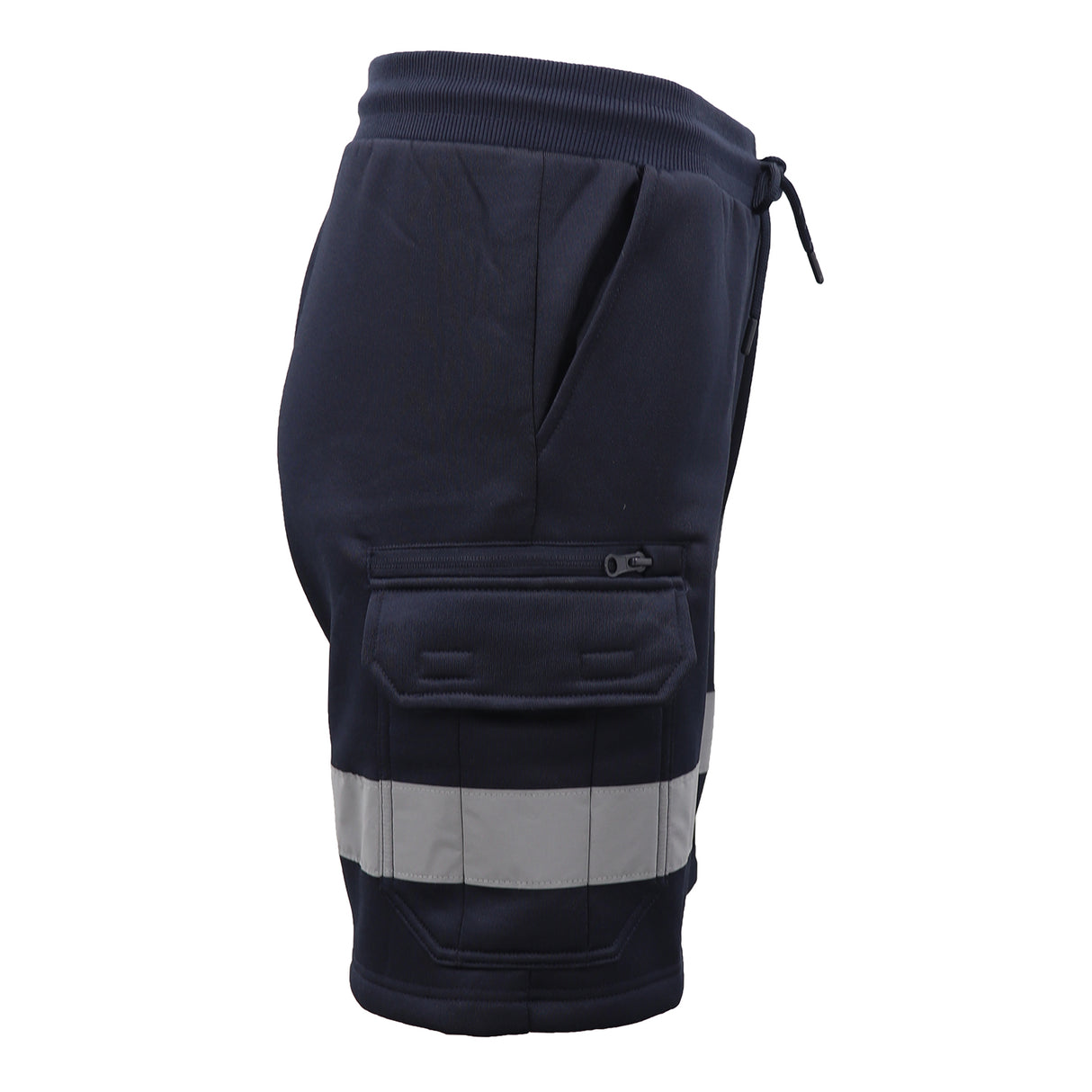 Hi Vis Fleece Work Cargo Shorts w Reflective Tape Workwear Tradie Utility Pants, Navy, L