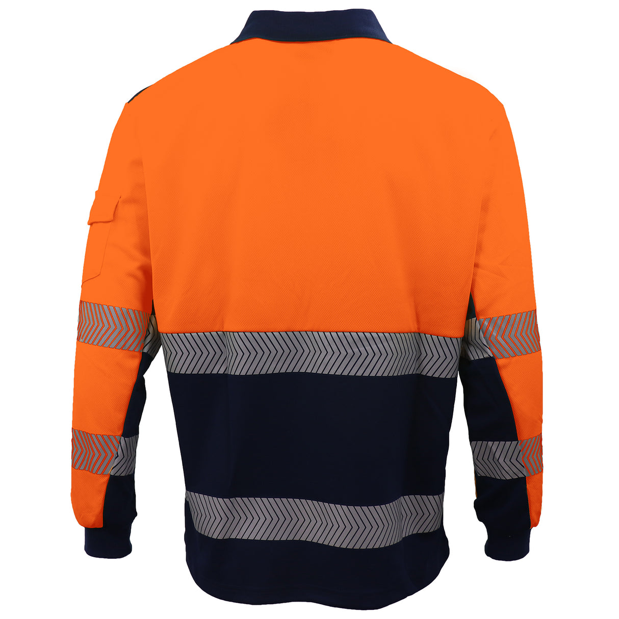 HI VIS Long Sleeve Polo Shirt Reflective Tape Safety Tradie Work Wear Tops Tee, Fluro Orange / Navy, 3XL