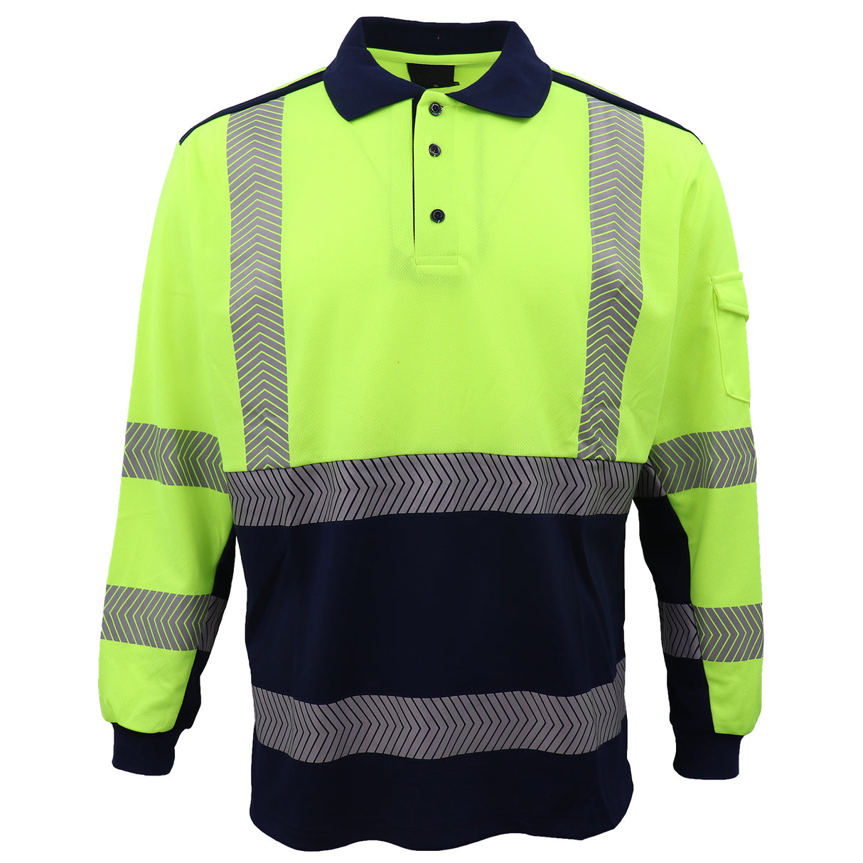 HI VIS Long Sleeve Polo Shirt Reflective Tape Safety Tradie Work Wear Tops Tee, Fluro Yellow / Navy, L