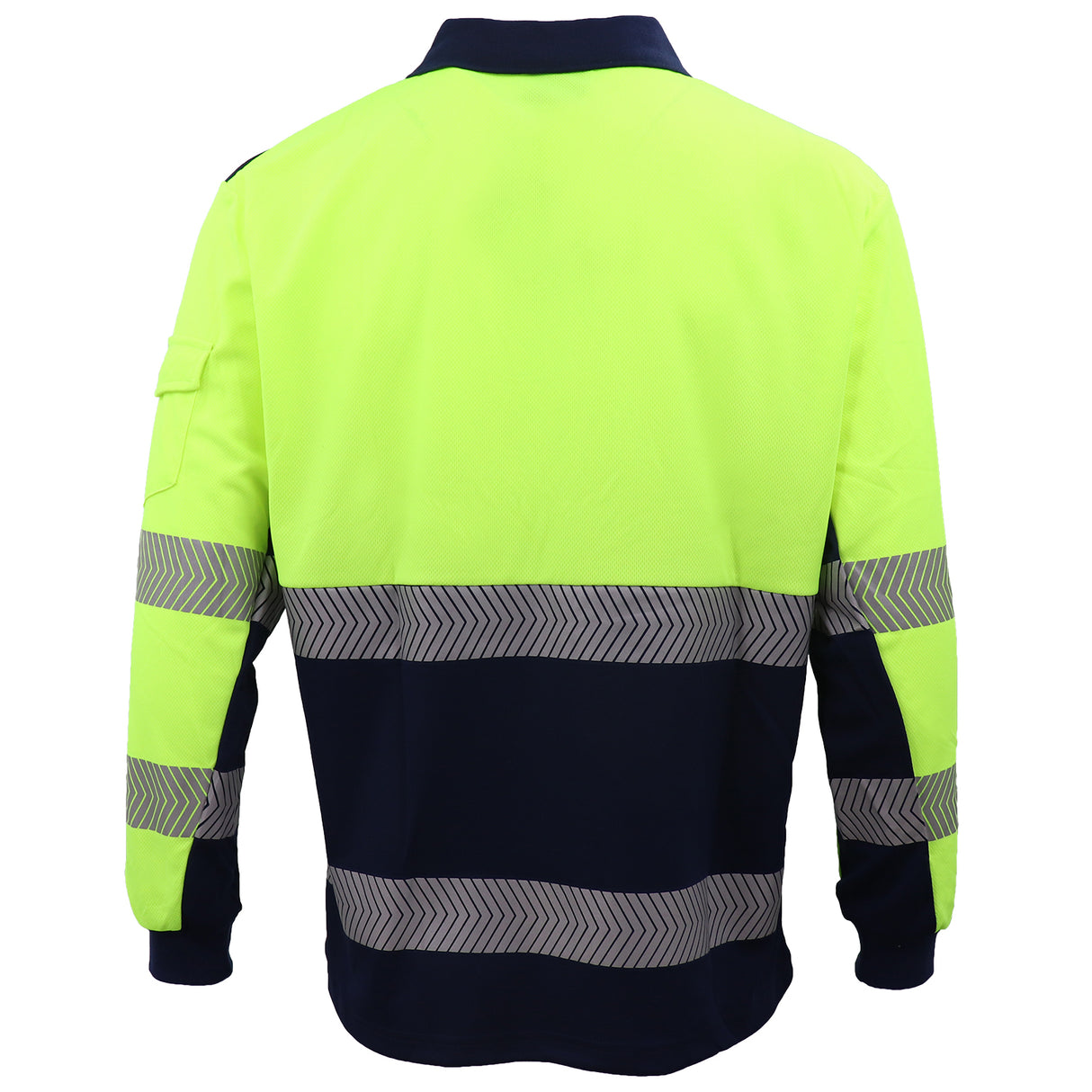 HI VIS Long Sleeve Polo Shirt Reflective Tape Safety Tradie Work Wear Tops Tee, Fluro Yellow / Navy, L