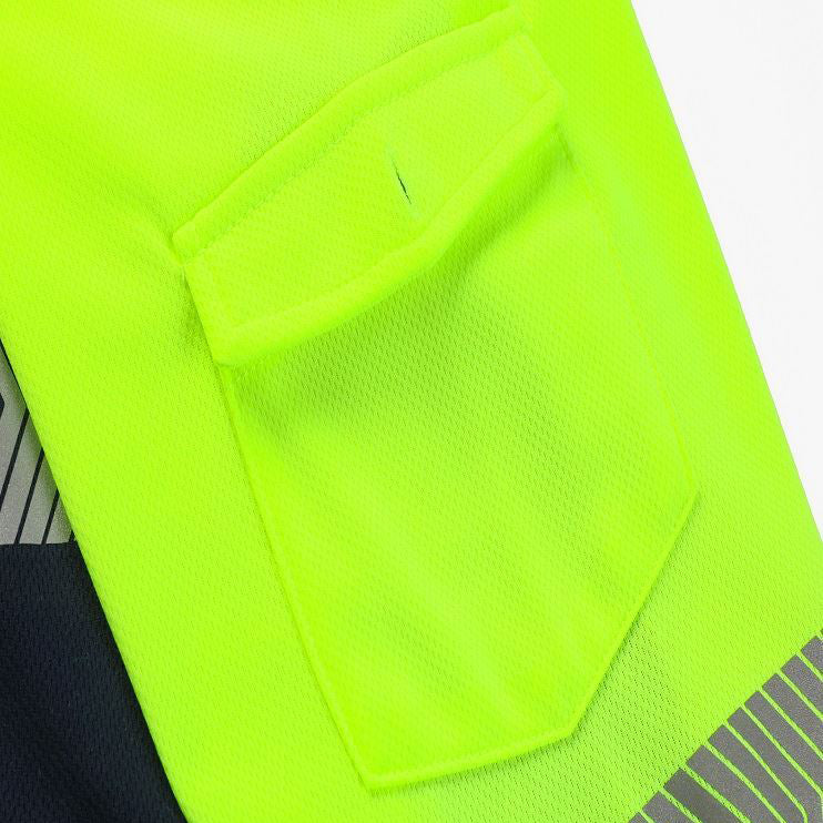 HI VIS Long Sleeve Polo Shirt Reflective Tape Safety Tradie Work Wear Tops Tee, Fluro Yellow / Navy, L