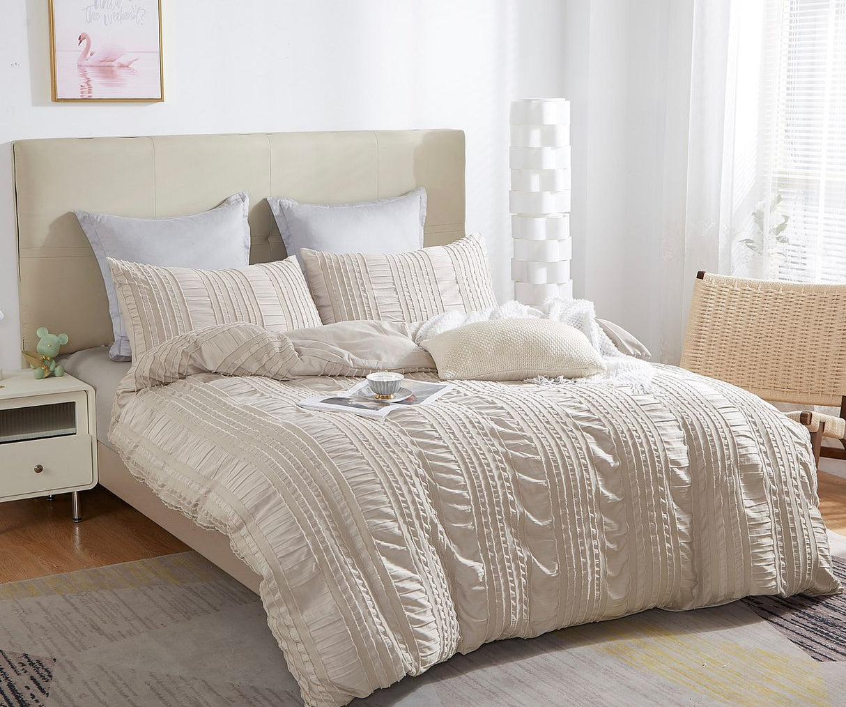 Tufted Boho Striped Embroidery Quilt/Doona/Duvet Cover Set - King Size