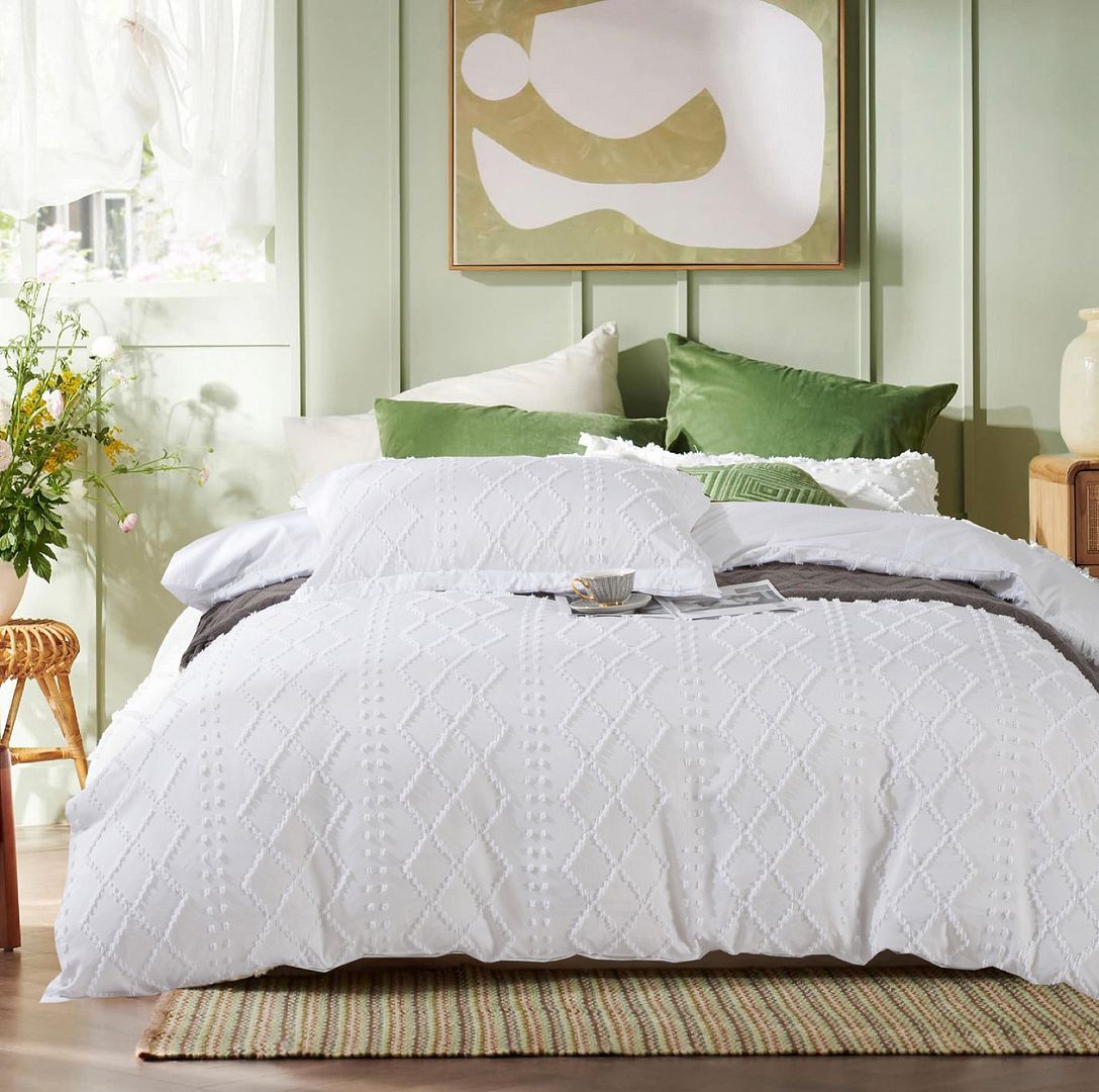 Tufted Boho Embroidery Quilt/Doona/Duvet Cover Set - White - King Size