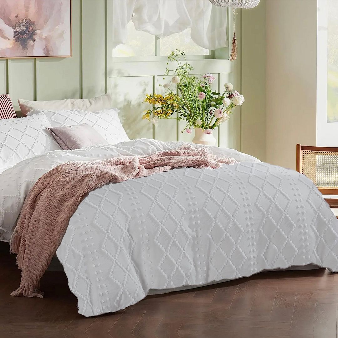 Tufted Boho Embroidery Quilt/Doona/Duvet Cover Set - White - King Size