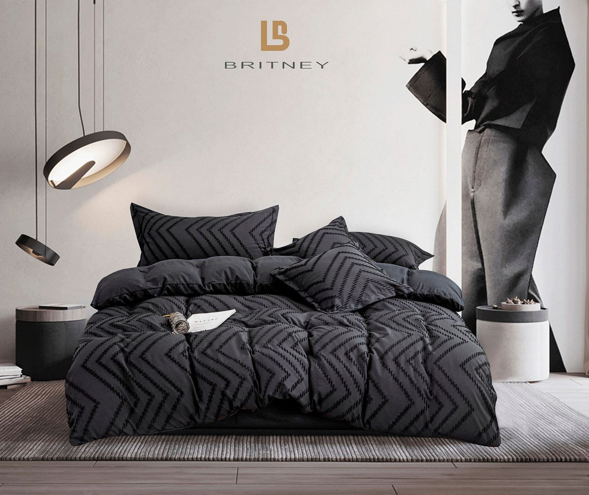 Tufted Boho Wave Jacquard King Size Black Duvet Quilt Cover Set