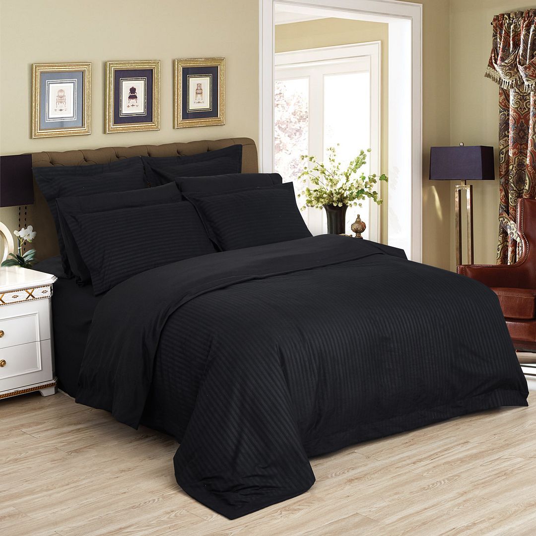 1000TC Ultra Soft Striped Queen Size Black Duvet Quilt Cover Set