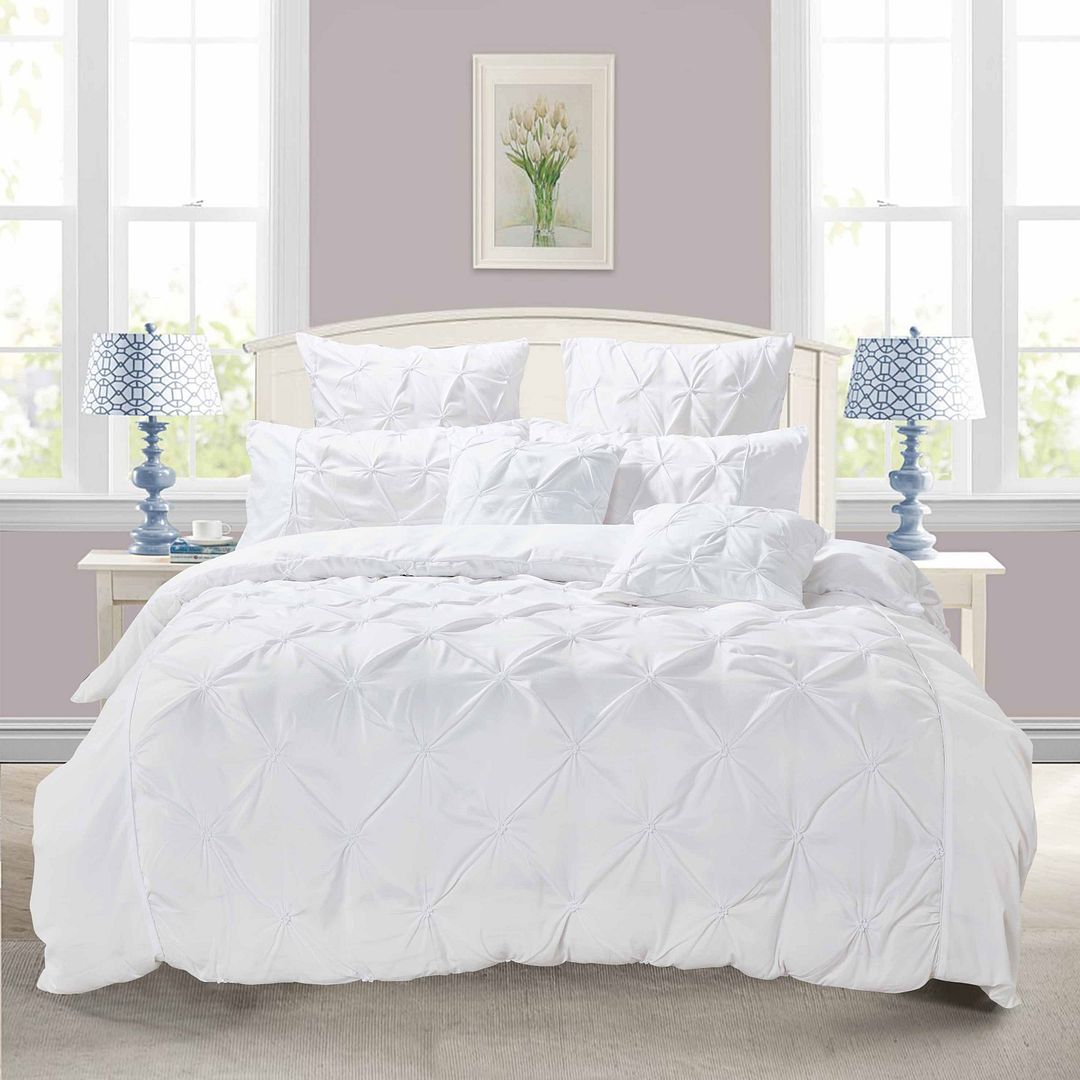 Diamond Pintuck Queen Size White Duvet Quilt Cover Set