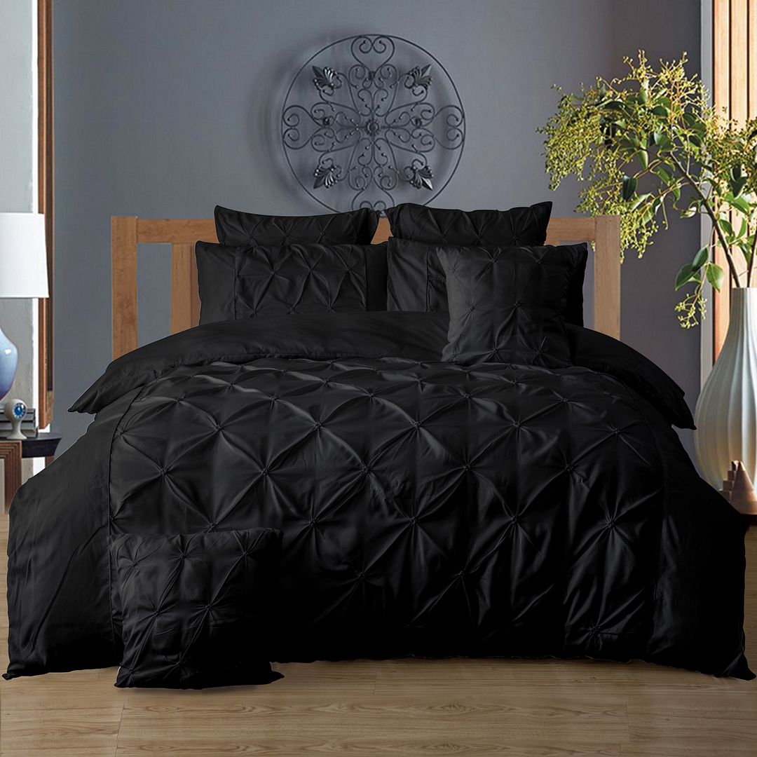 Diamond Pintuck Queen Size Black Duvet Quilt Cover Set