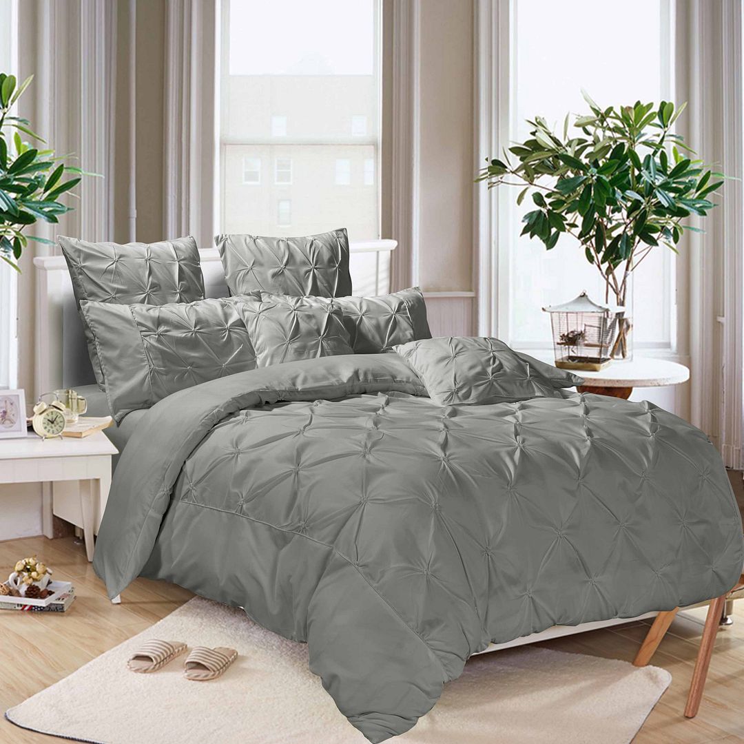 Diamond Pintuck Queen Size Grey Duvet Quilt Cover Set