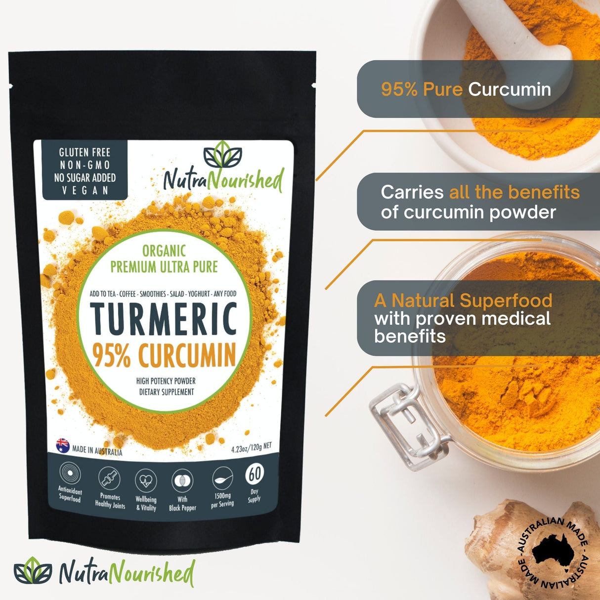 Pure Organic 95% Curcumin Powder (120g/2 months supply) - 1500mg of Turmeric Extract Buffered with Black Pepper